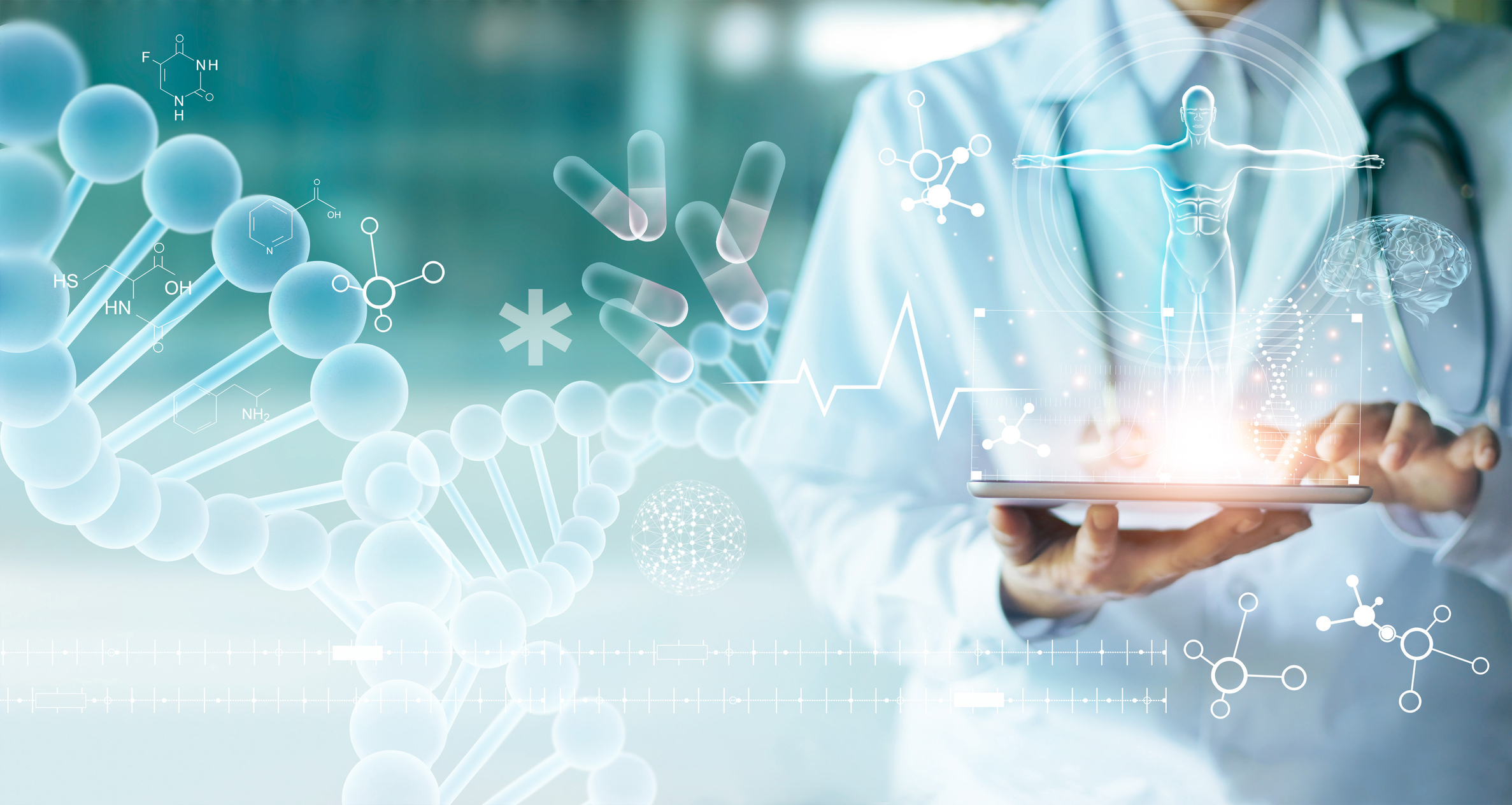 Doctor holding clipboard stands with virtual DNA double helix in the air near him. Doctor holding clipboard stands with virtual DNA double helix in the air near him.