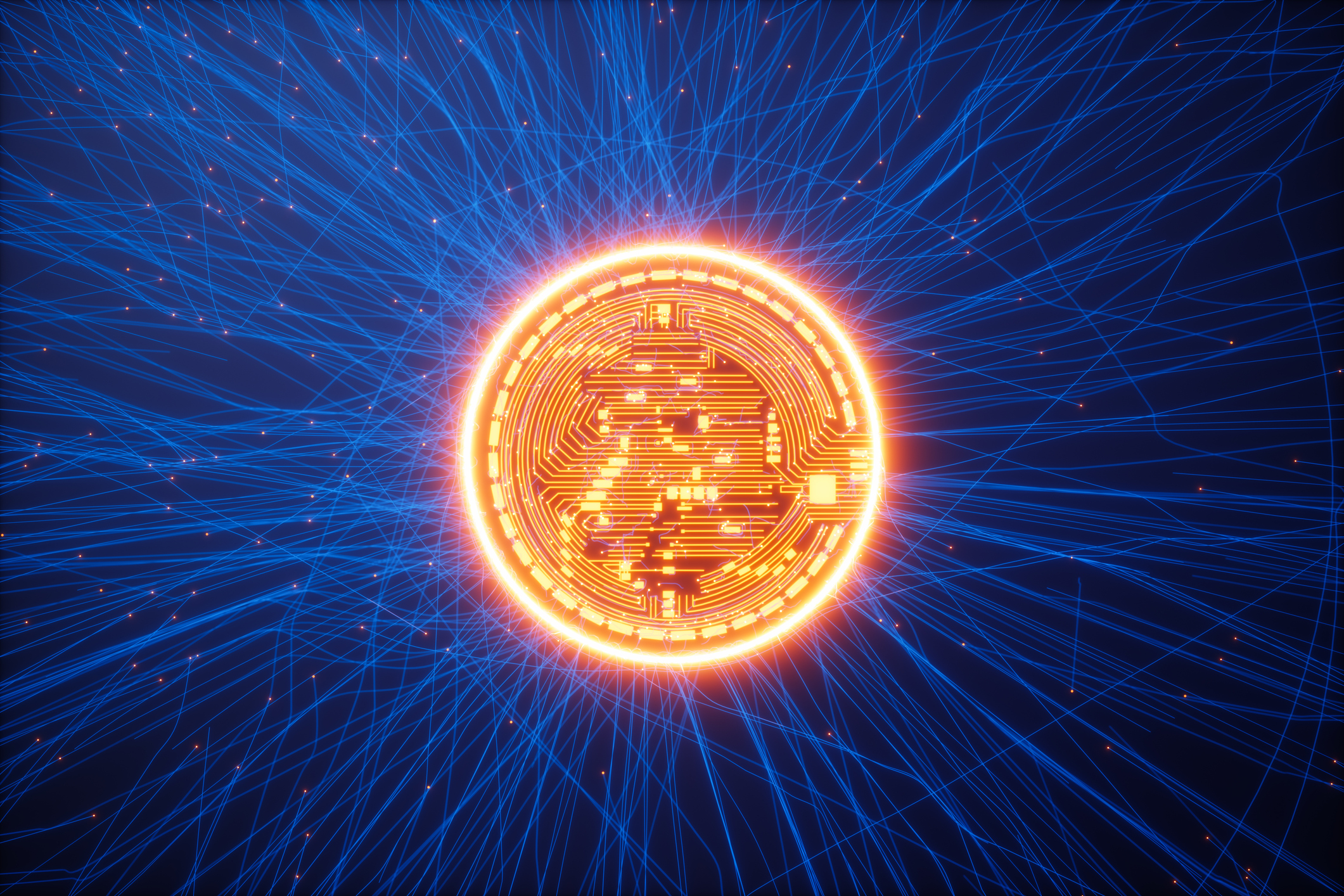 51_percent_attack Glowing Bitcoin On Blue Background With Plexus And Red Connection Dots
