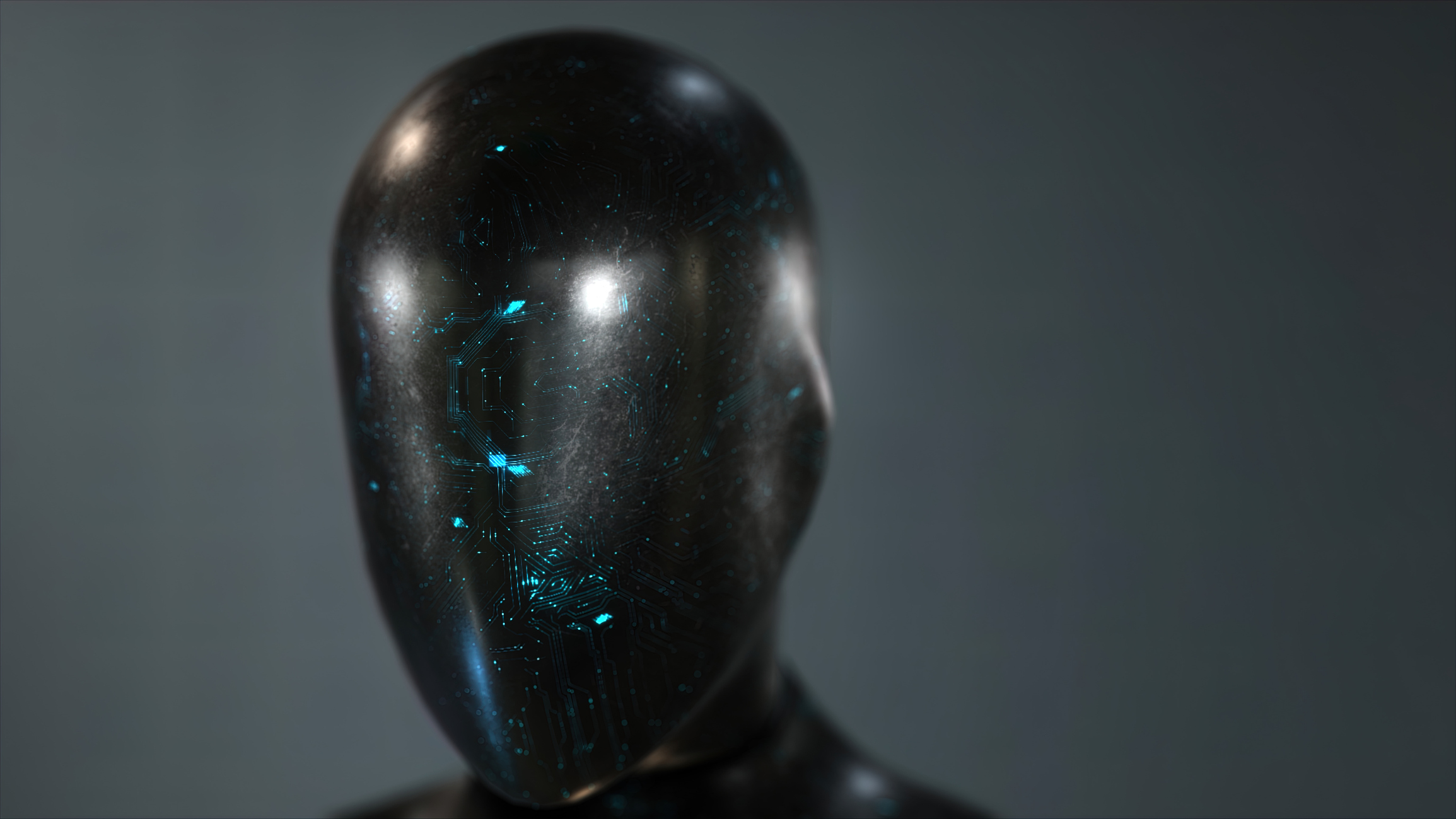 Black head without a face The black, faceless head of a robot or mannequin.