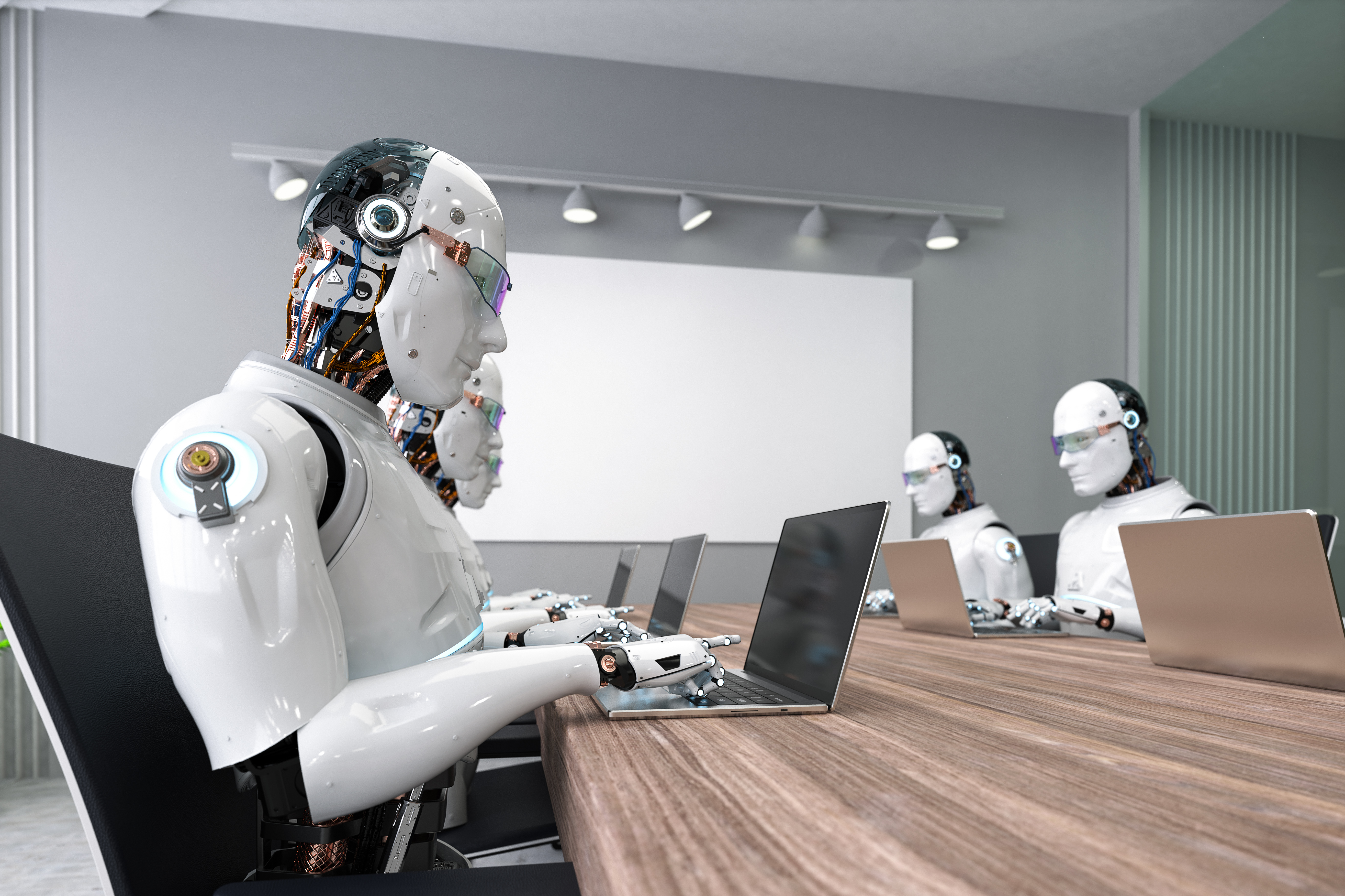Artificial intelligence robots working in office Artificial intelligence robots working in an office.