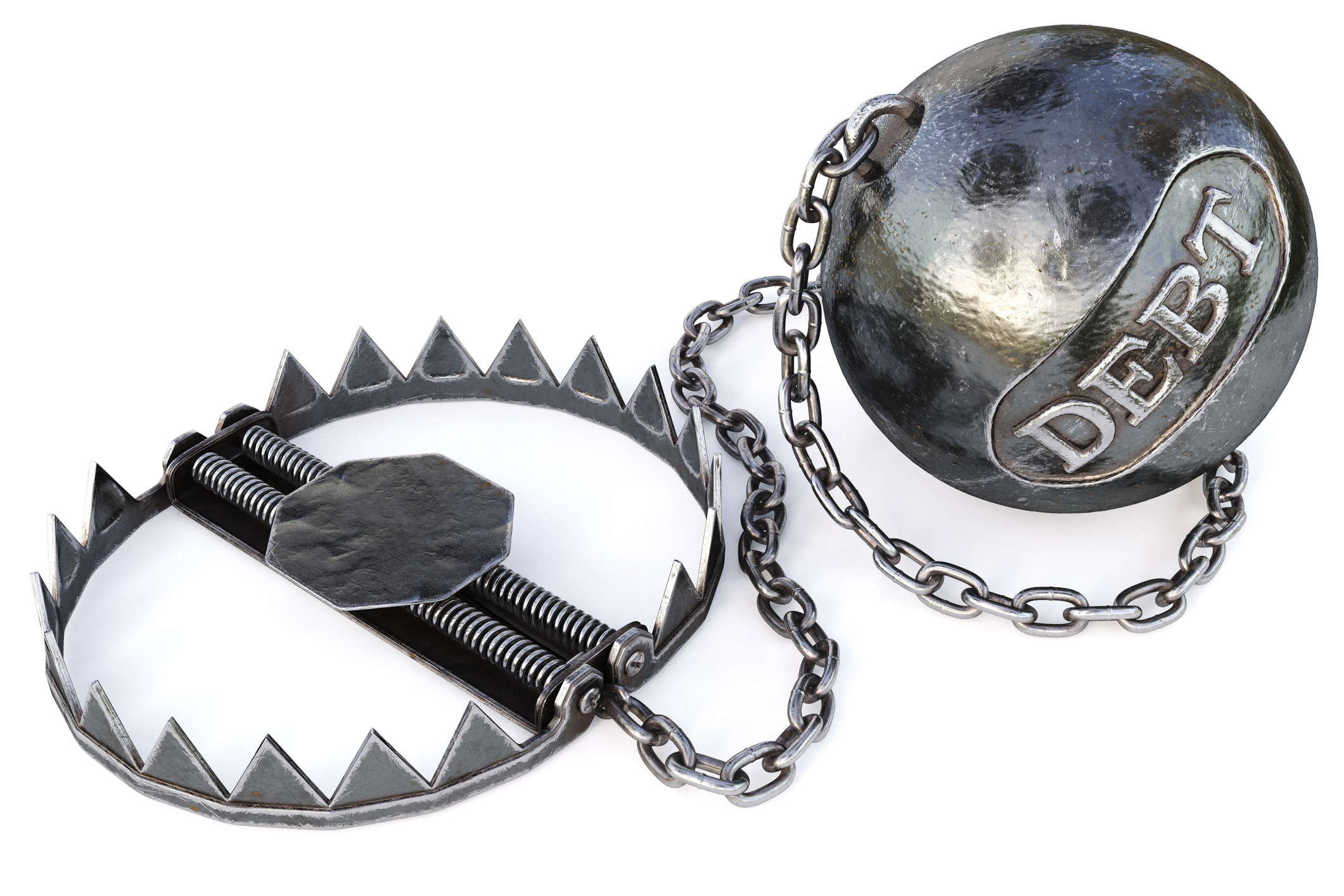 A bear trap with an attached weighted ball that has the word Debt engraved on it A bear trap with an attached weighted ball that has the word Debt engraved on it.