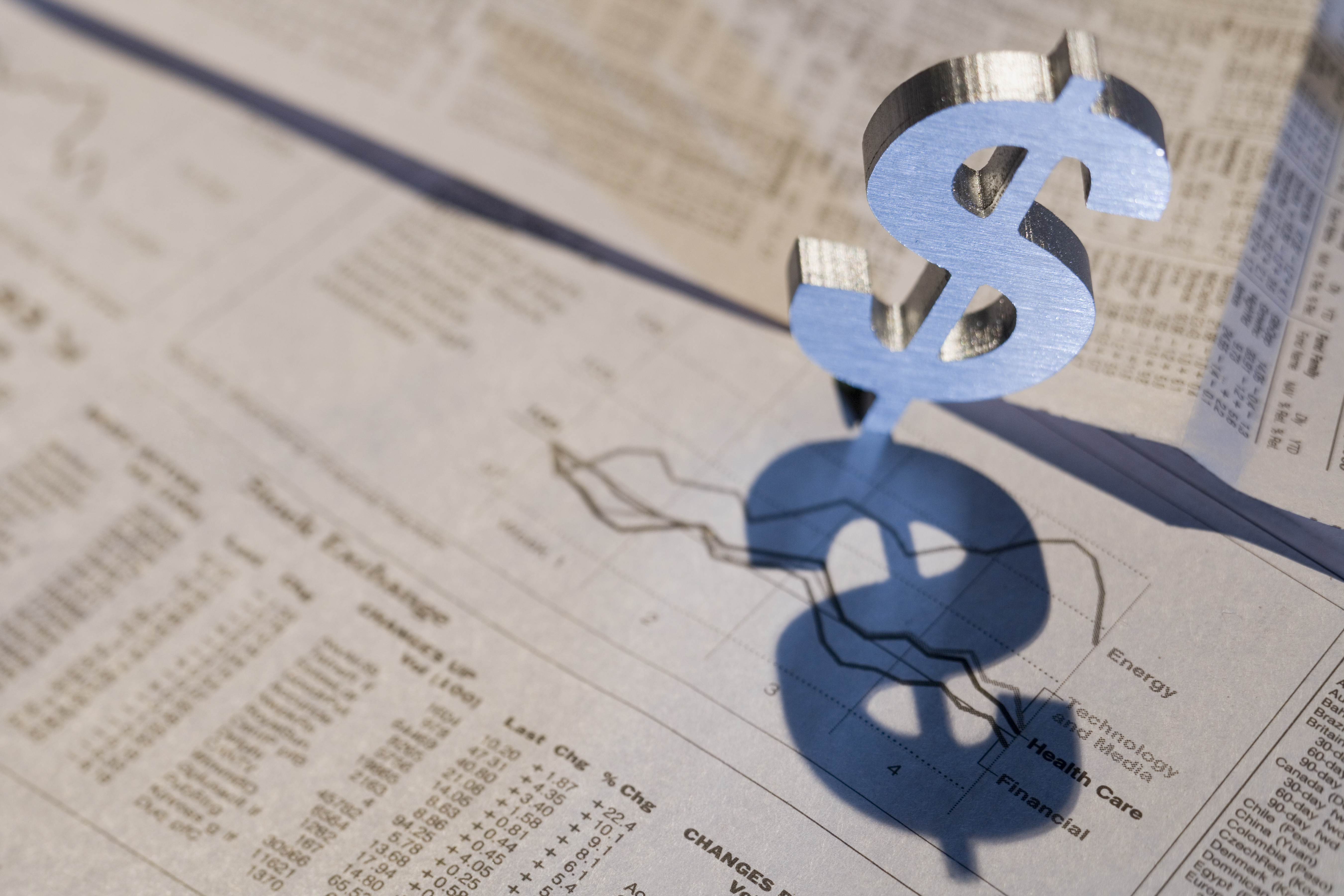A dollar sign standing up atop a financial newspaper.