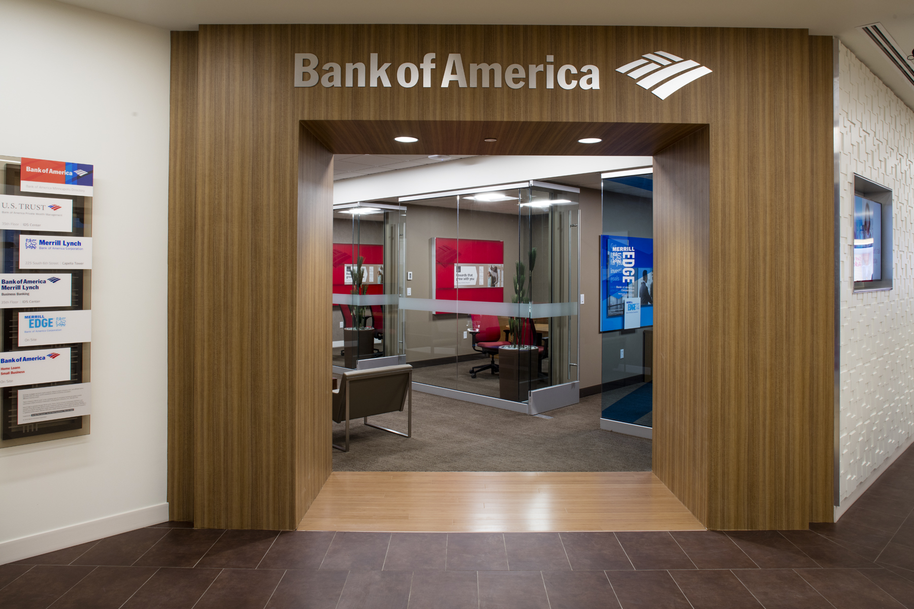 A lobby entrance to a Bank of America A Bank of America lobby entrance.