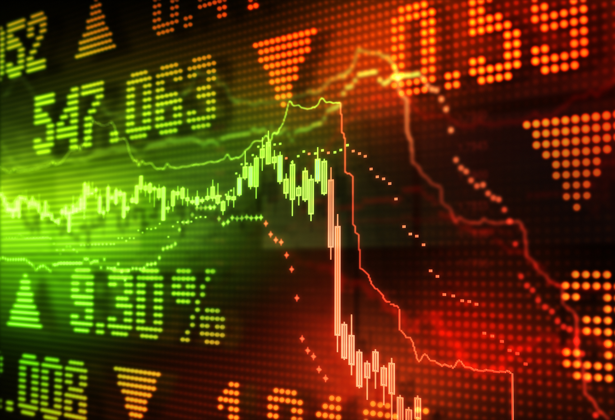 A stock chart hovering in the green, then plunging deep into the red, with percentages and stock quotes in the background.