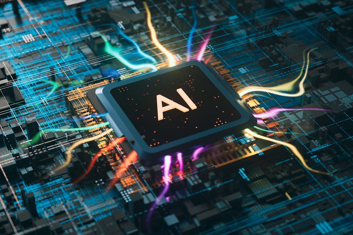 An AI chip. (2) An AI chip on a circuit board with brightly colored wires hooked to it.