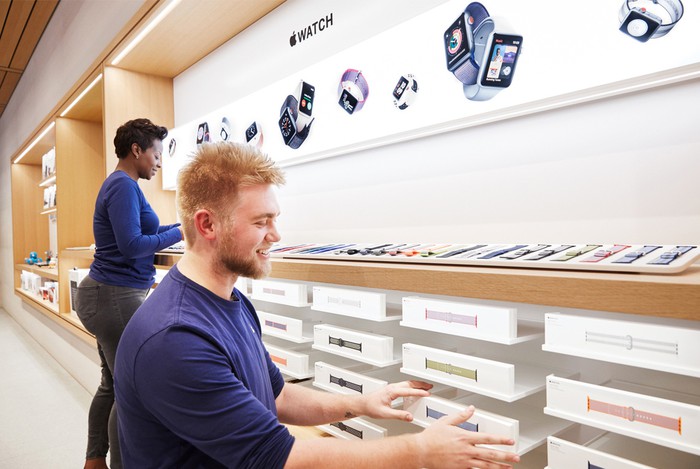 Bands being sold for the Apple Watch in an Apple store. Bands being sold for the Apple Watch in an Apple store.