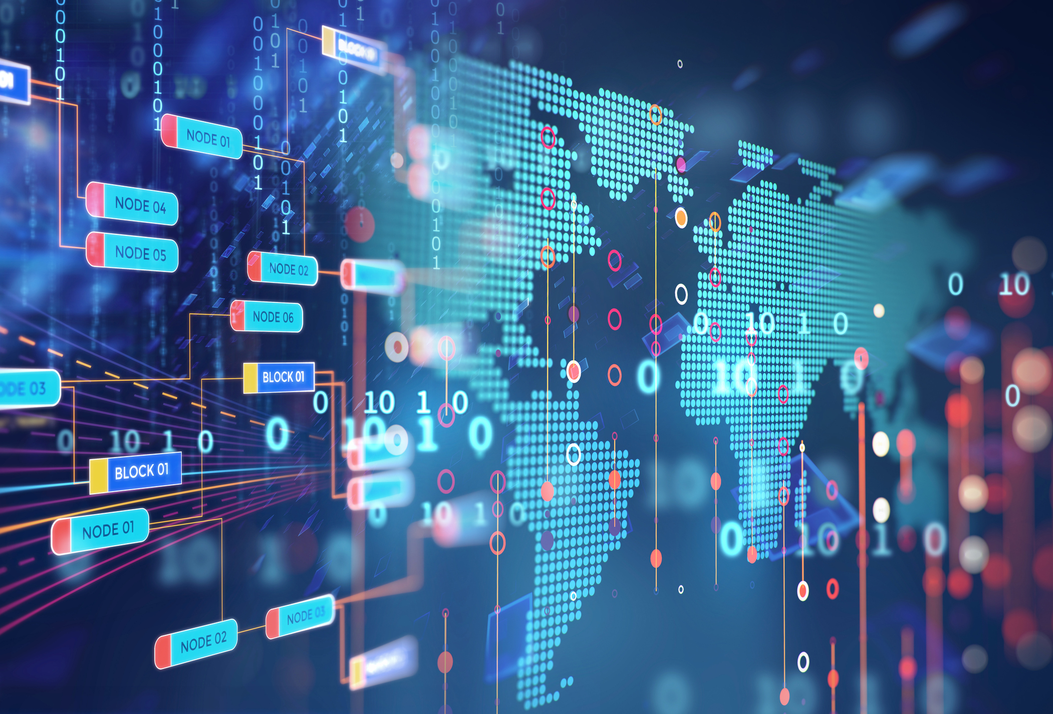 Binary code and blockchain nodes surrounding a digital outline of the continents. Binary code and blockchain nodes surrounding a digital outline of the continents.