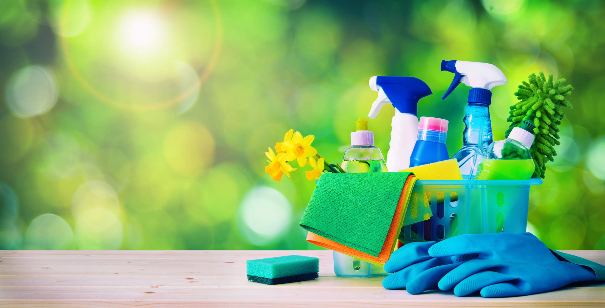 Cleaning supplies and flowers with an outdoor background.