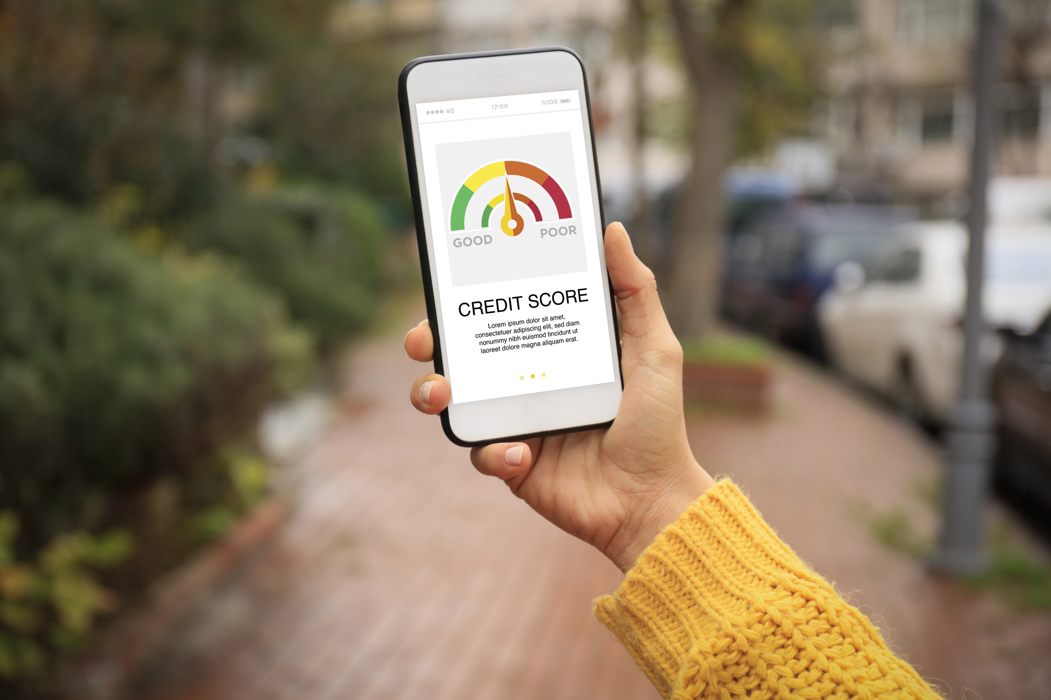A credit score range from good to poor on a smartphone.