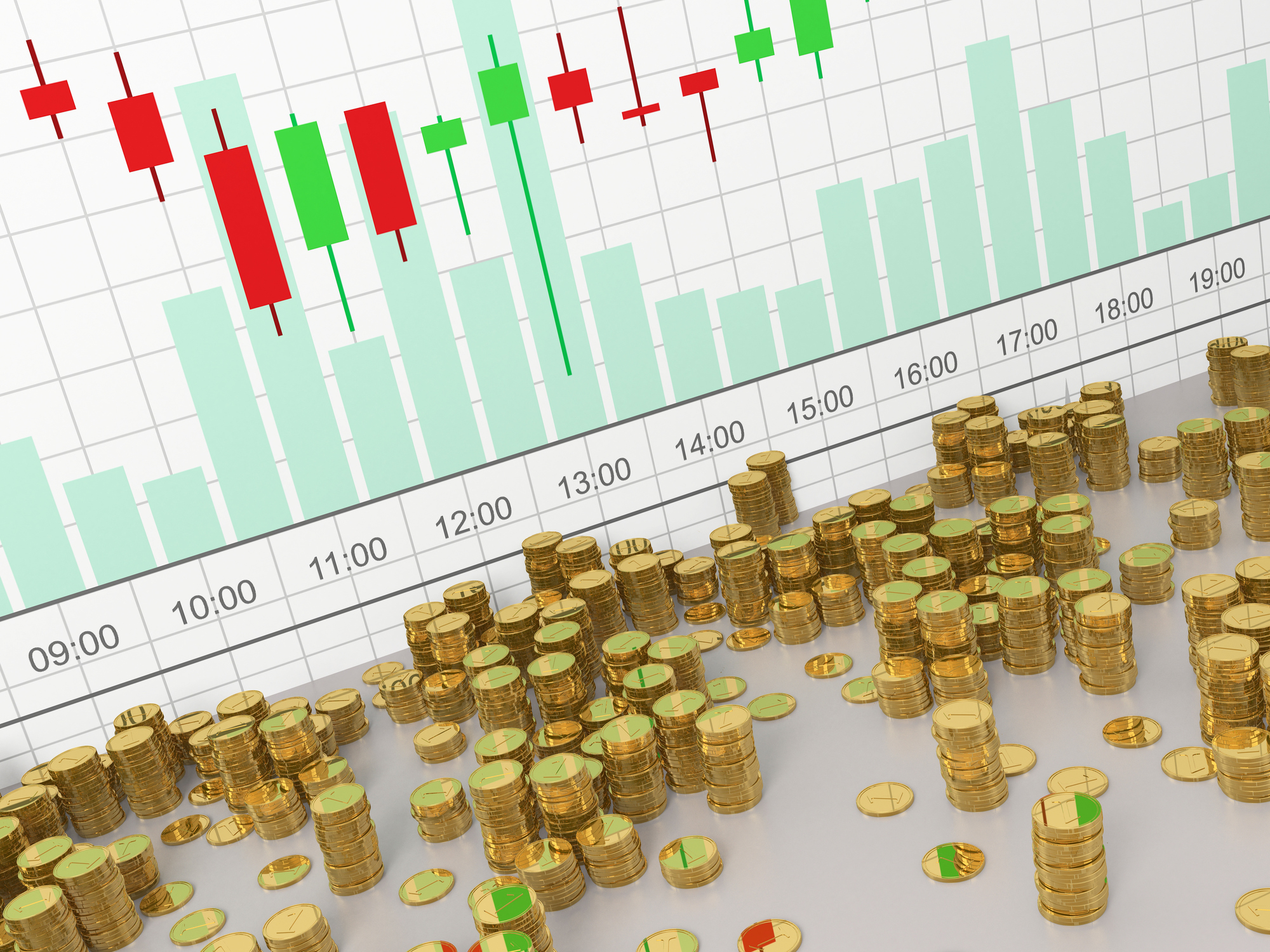 Stacks of physical crypto coins stacked in front of a virtual currency price chart Stacks of physical crypto coins in front of a virtual currency price chart.