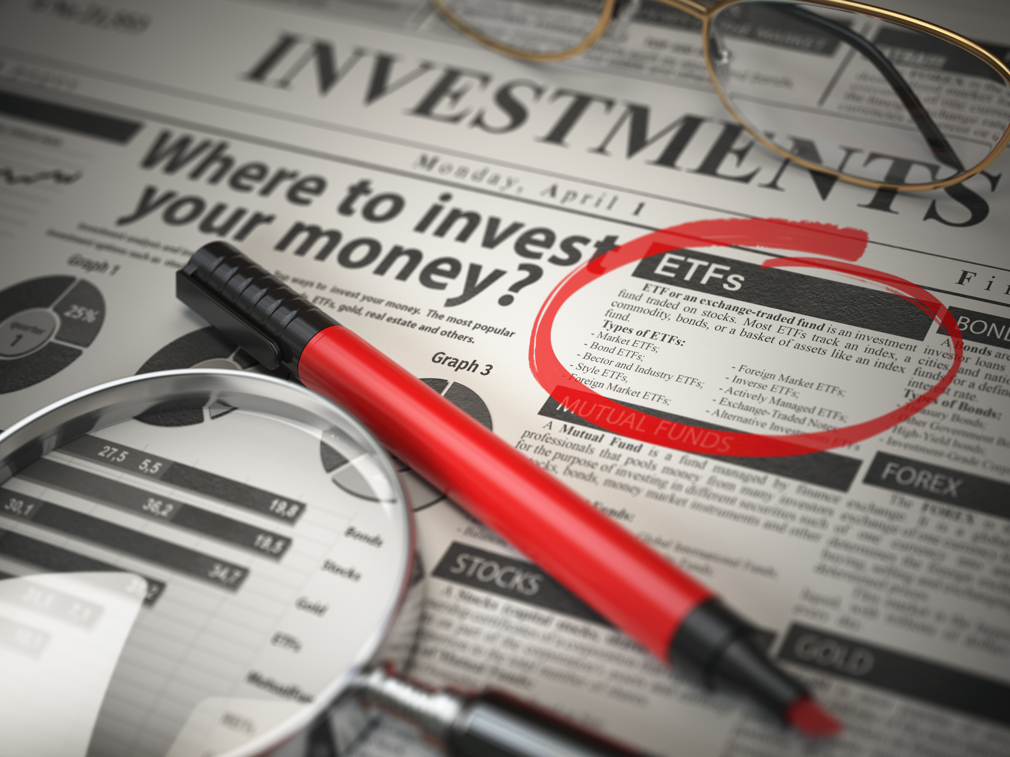 A newspaper page with a section about ETFs.