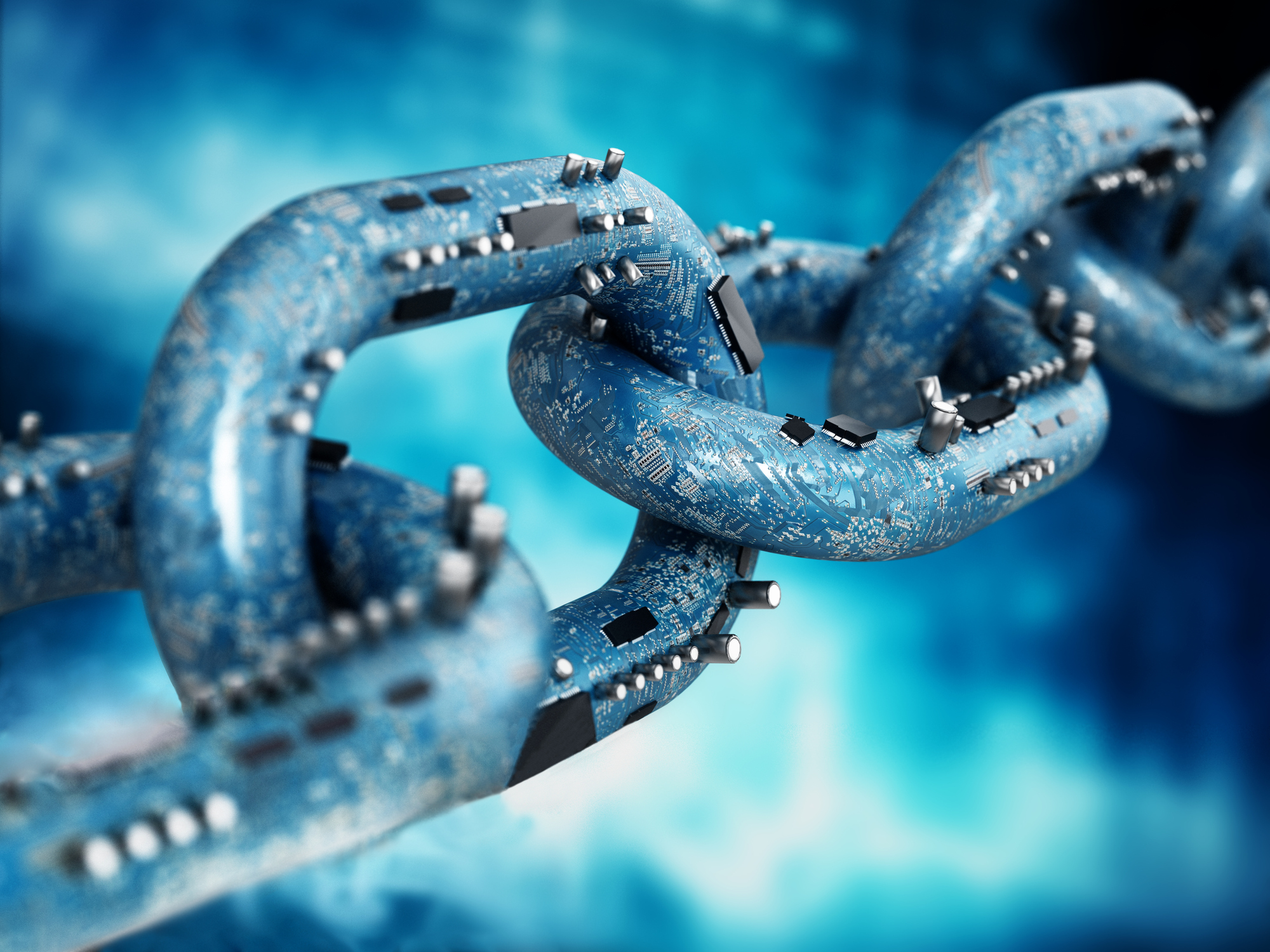 Electronic components on PCB textured chain parts. Blockchain and crypto currency concept Electronic components on PCB textured chain parts. Blockchain and crypto currency concept