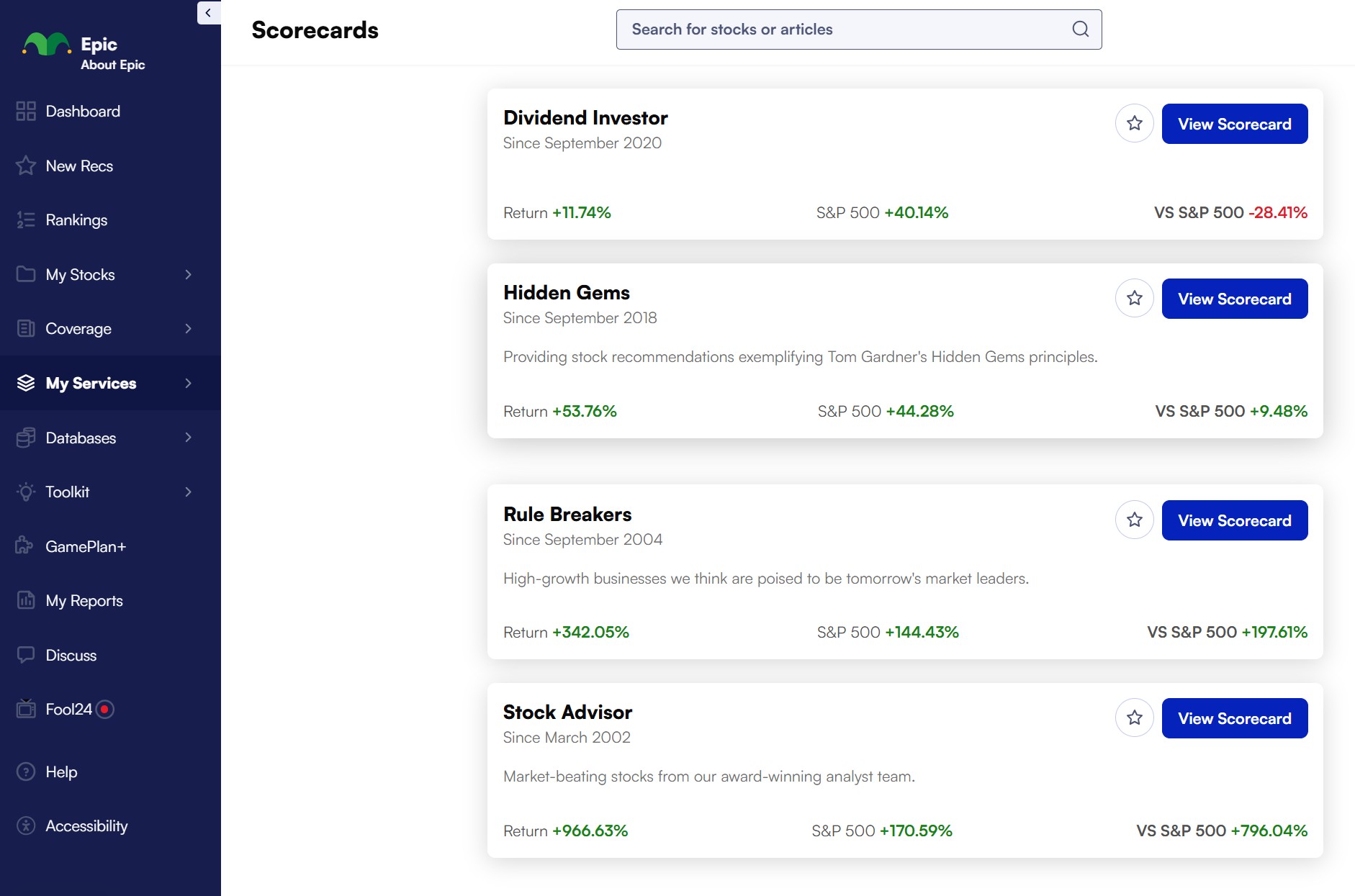 Service Scorecards in Epic to show diversified investing strategies
