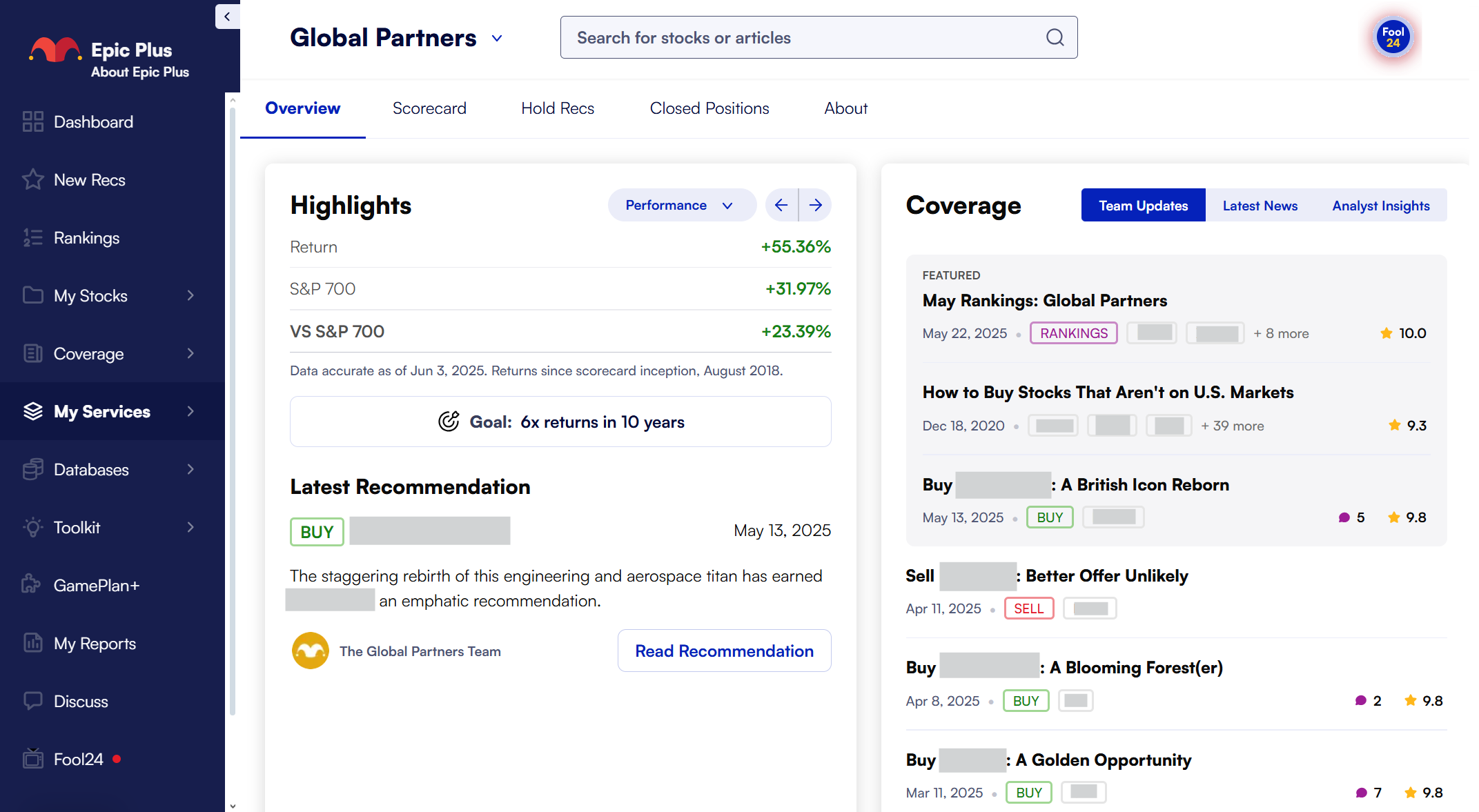 The Global Partners scorecard overview page from the Epic Plus Service