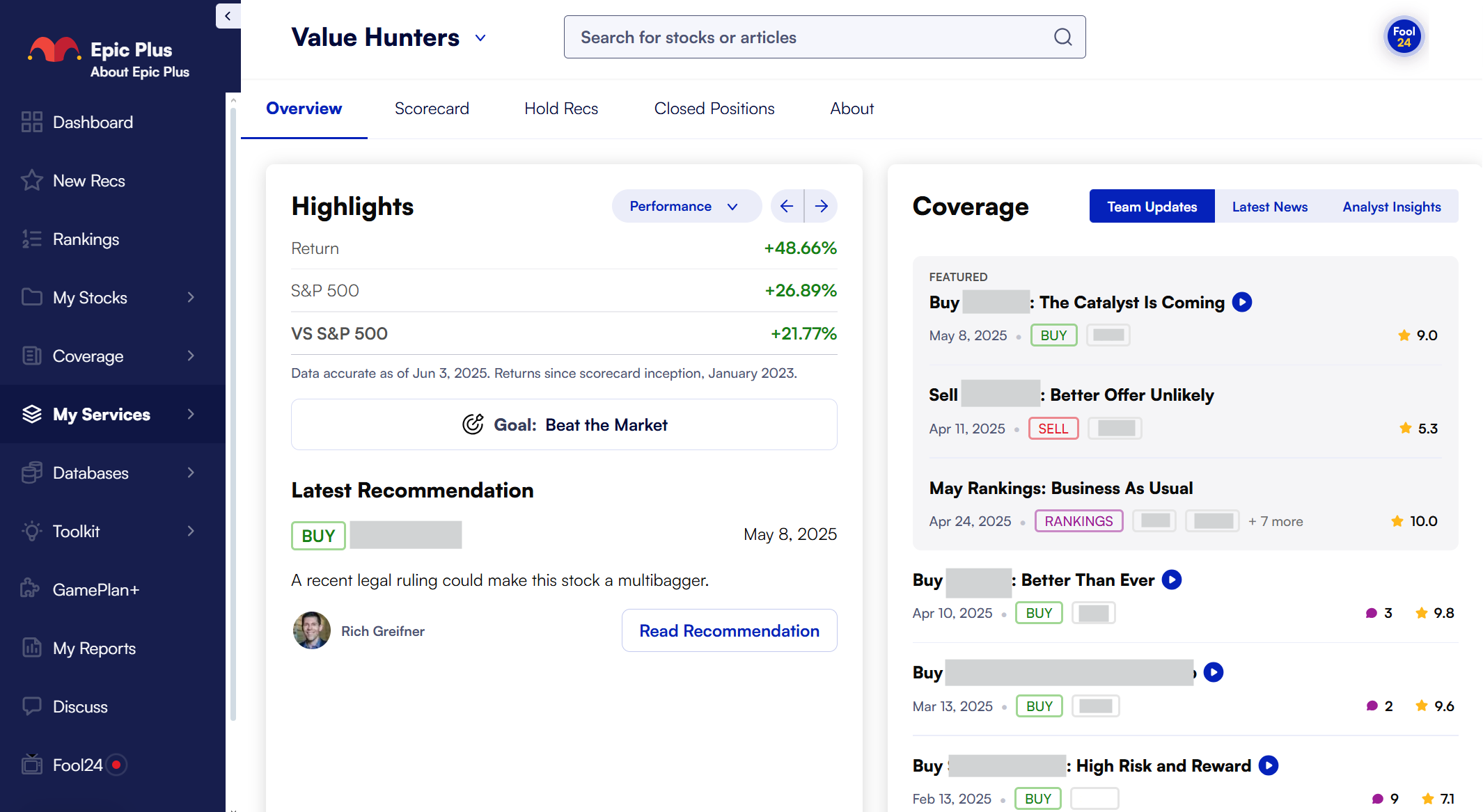 The Value Hunters scorecards overview page from the Epic Plus service