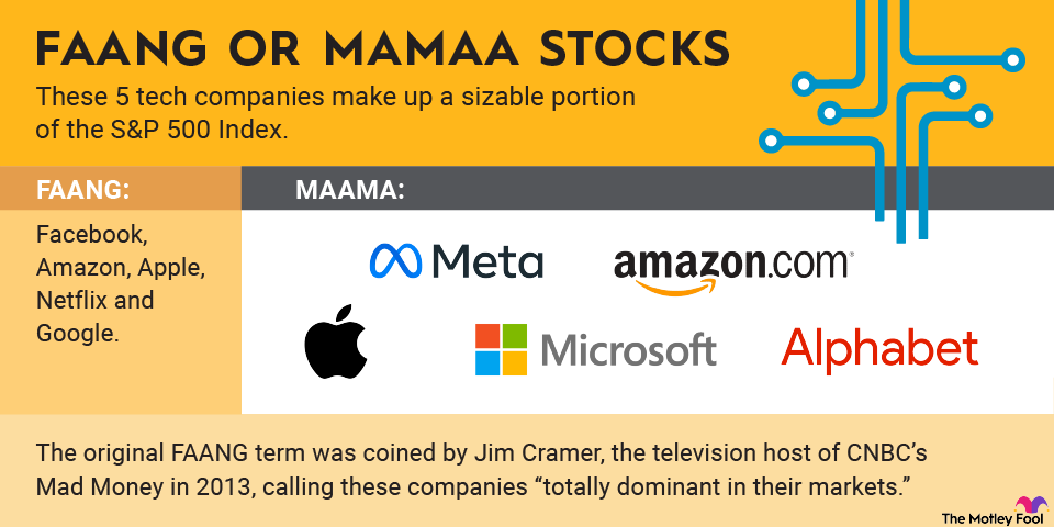 FAANG-MAMAA-stocks-infographic. An infographic showing the five FAANG or MAMAA tech stocks.