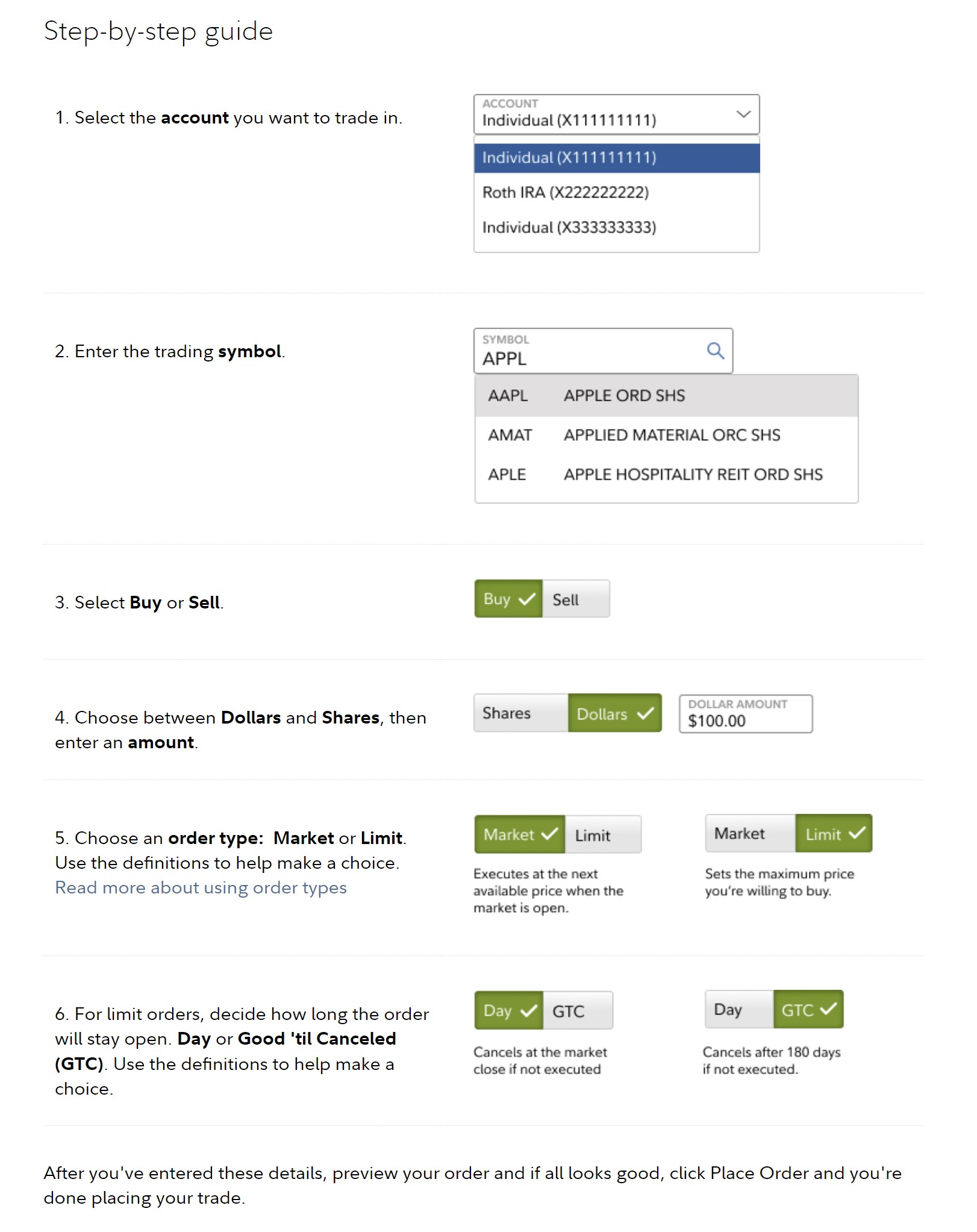 Image of the step-by-step process for buying stock through Fidelity. Image of the step-by-step process for buying stock through Fidelity.