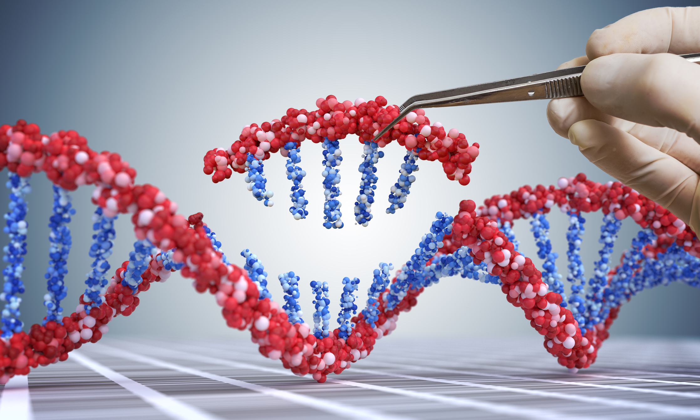 Gene-editing-illustration Genetic engineering, GMO and Gene manipulation concept. Hand is inserting sequence of DNA. 3D illustration of DNA.