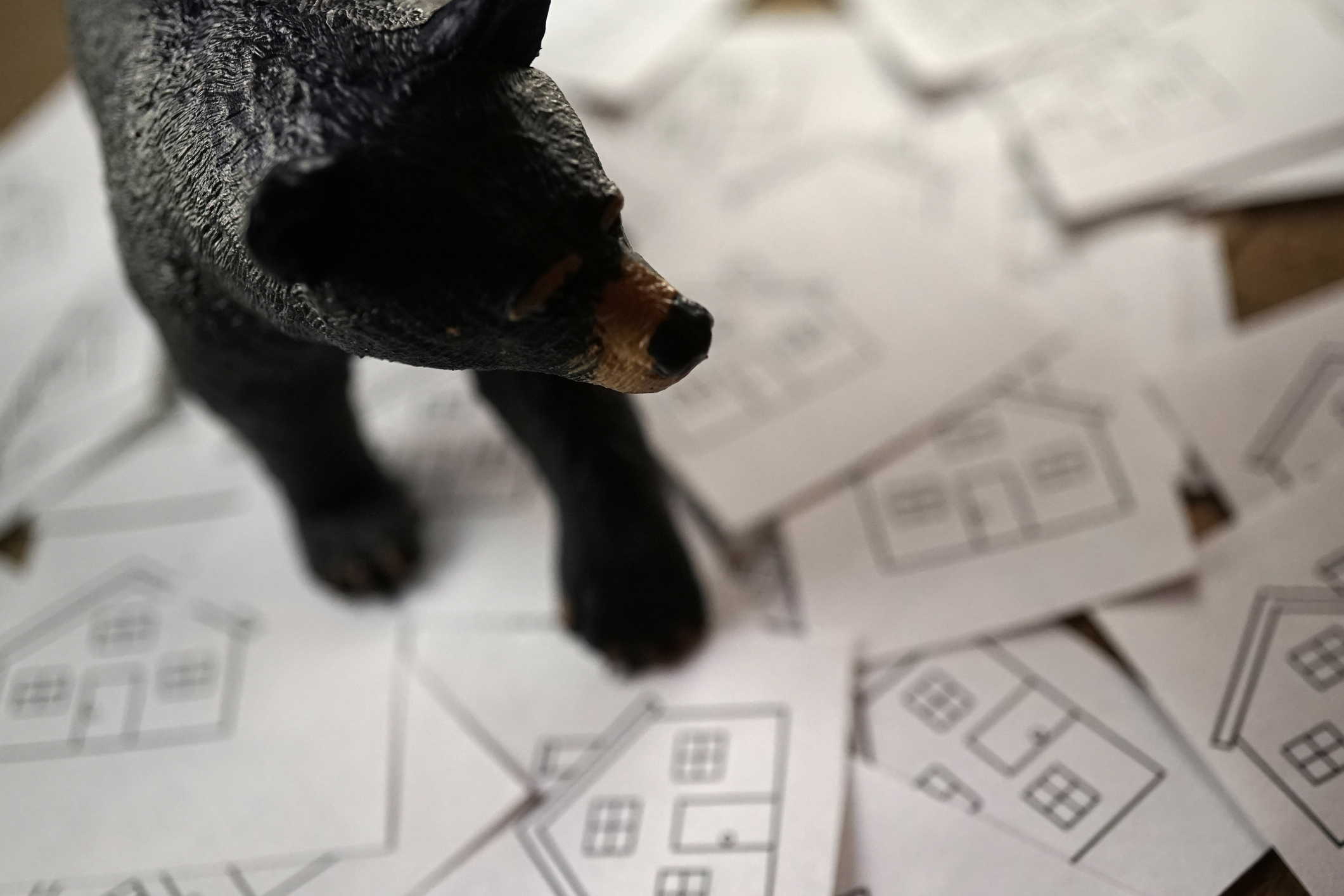 Bear figure on top of cards with houses on them.jpg Bear figure on top of cards with houses stenciled on them.