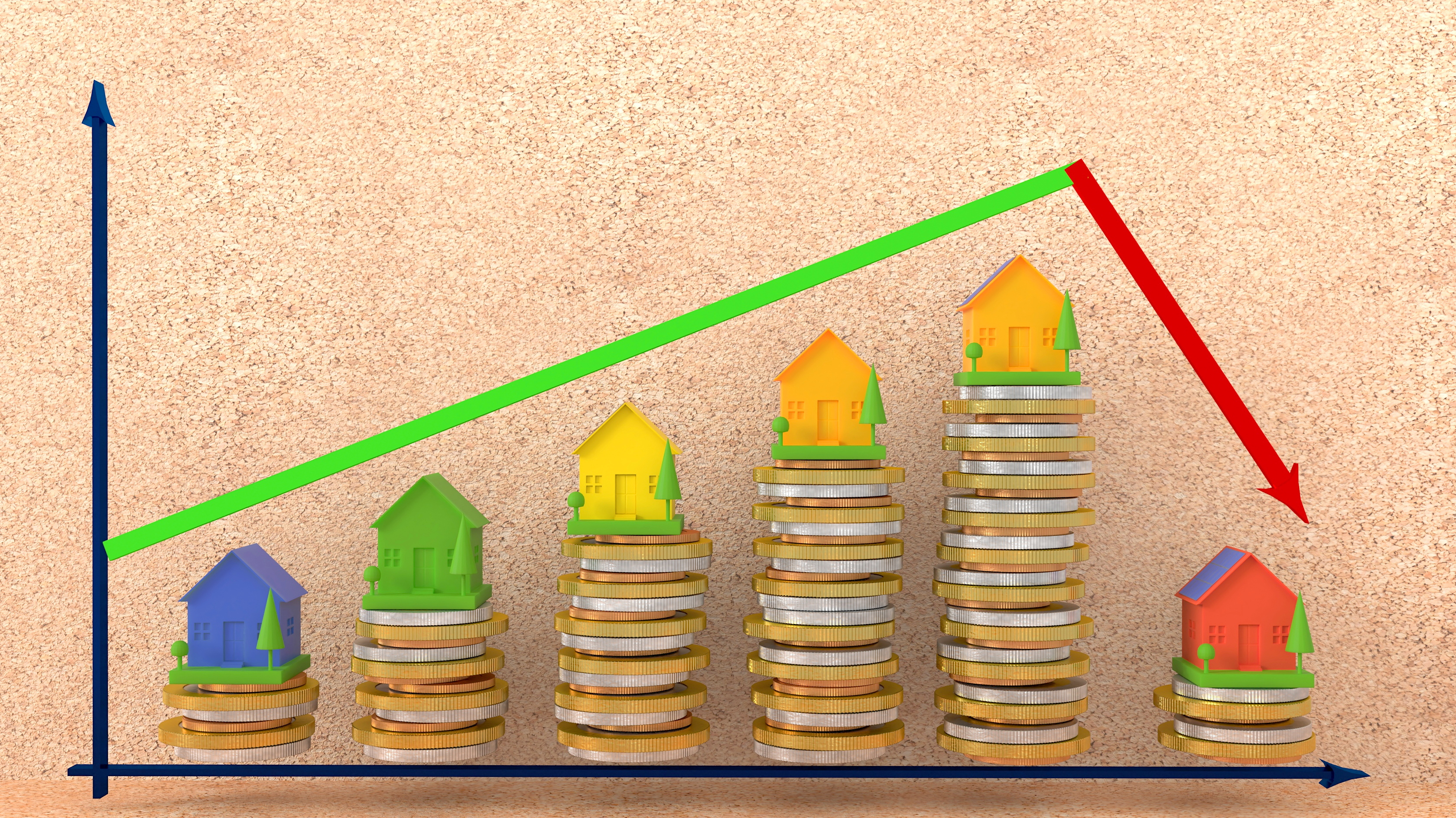 Toy houses atop stacks of coins that get higher and then lower.
