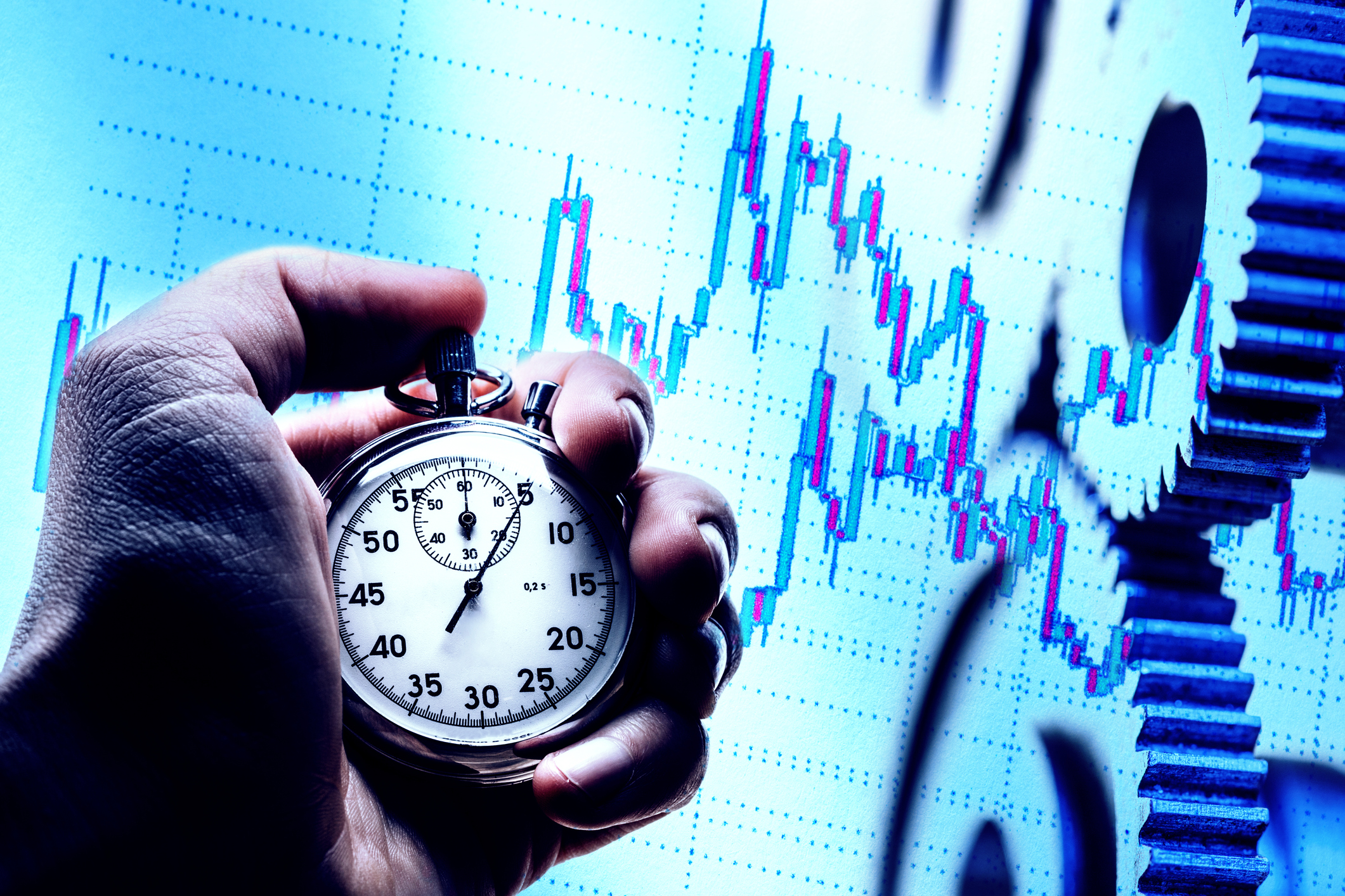 Getty - stock market timing stopwatch start.jpg A hand is holding a stopwatch against a backdrop of a stock chart.