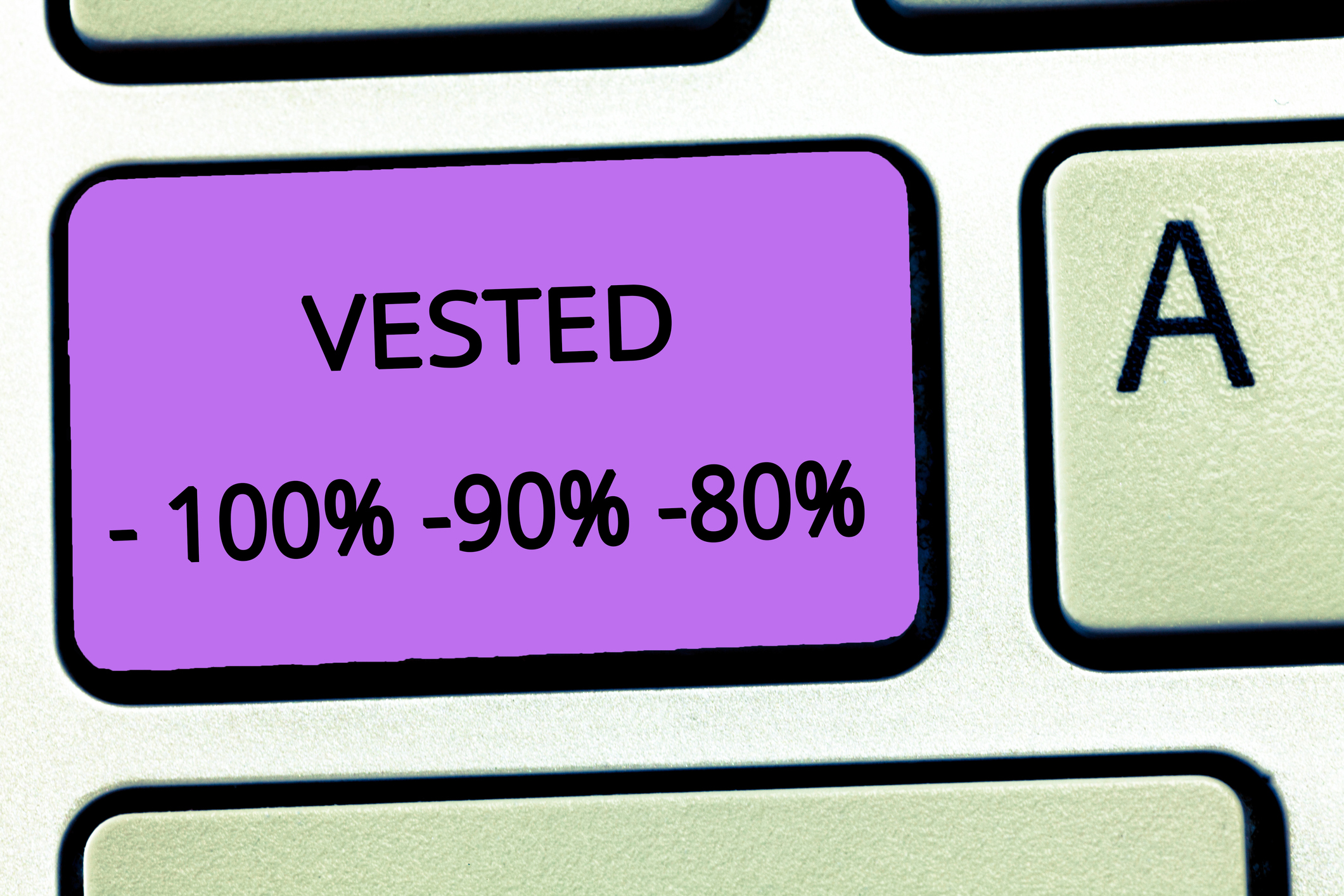 Getty - vesting schedule vested 401k benefits matching.jpg Keyboard key labeled Vested with different percentages.