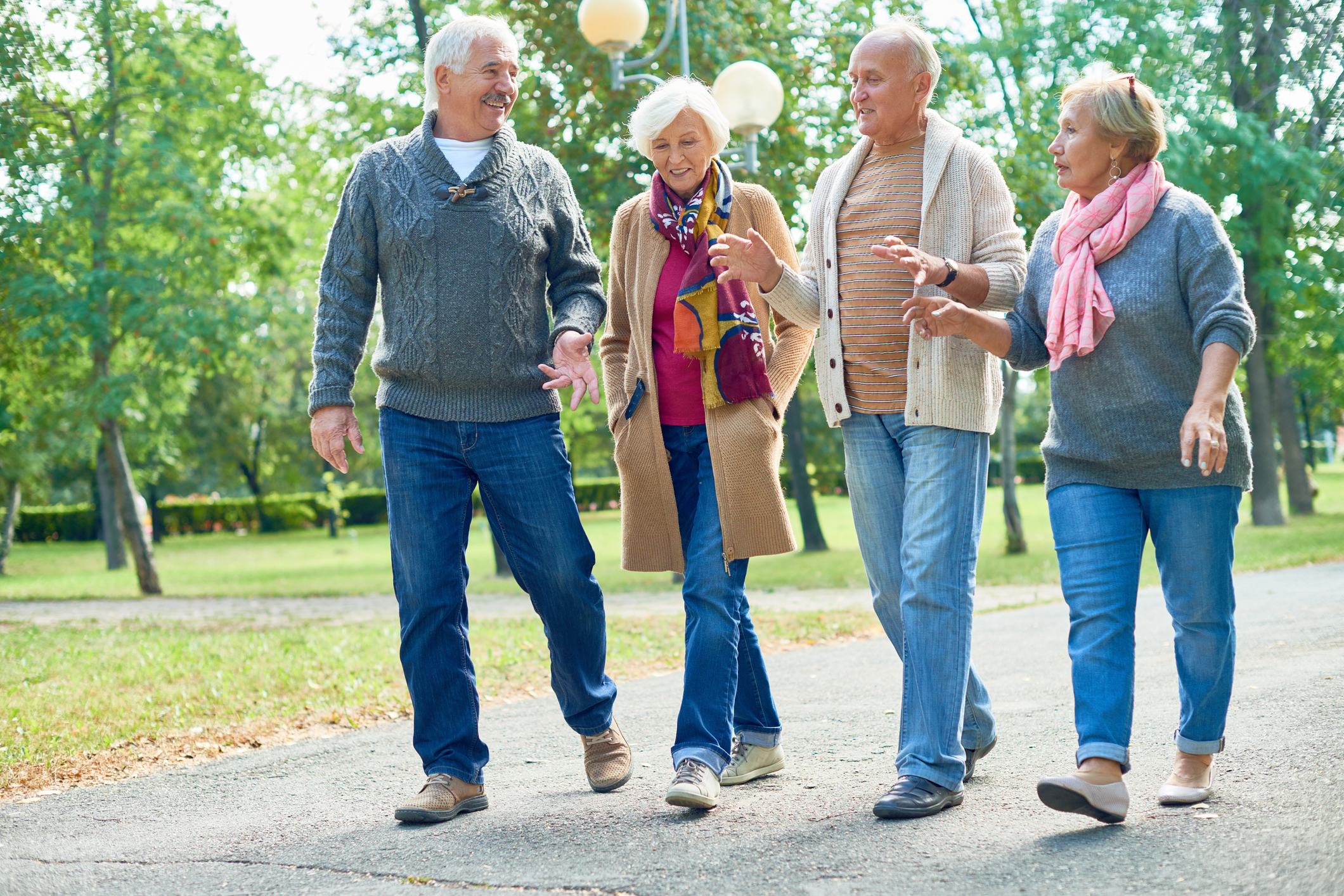 two senior men and two senior women walking through a park and talking