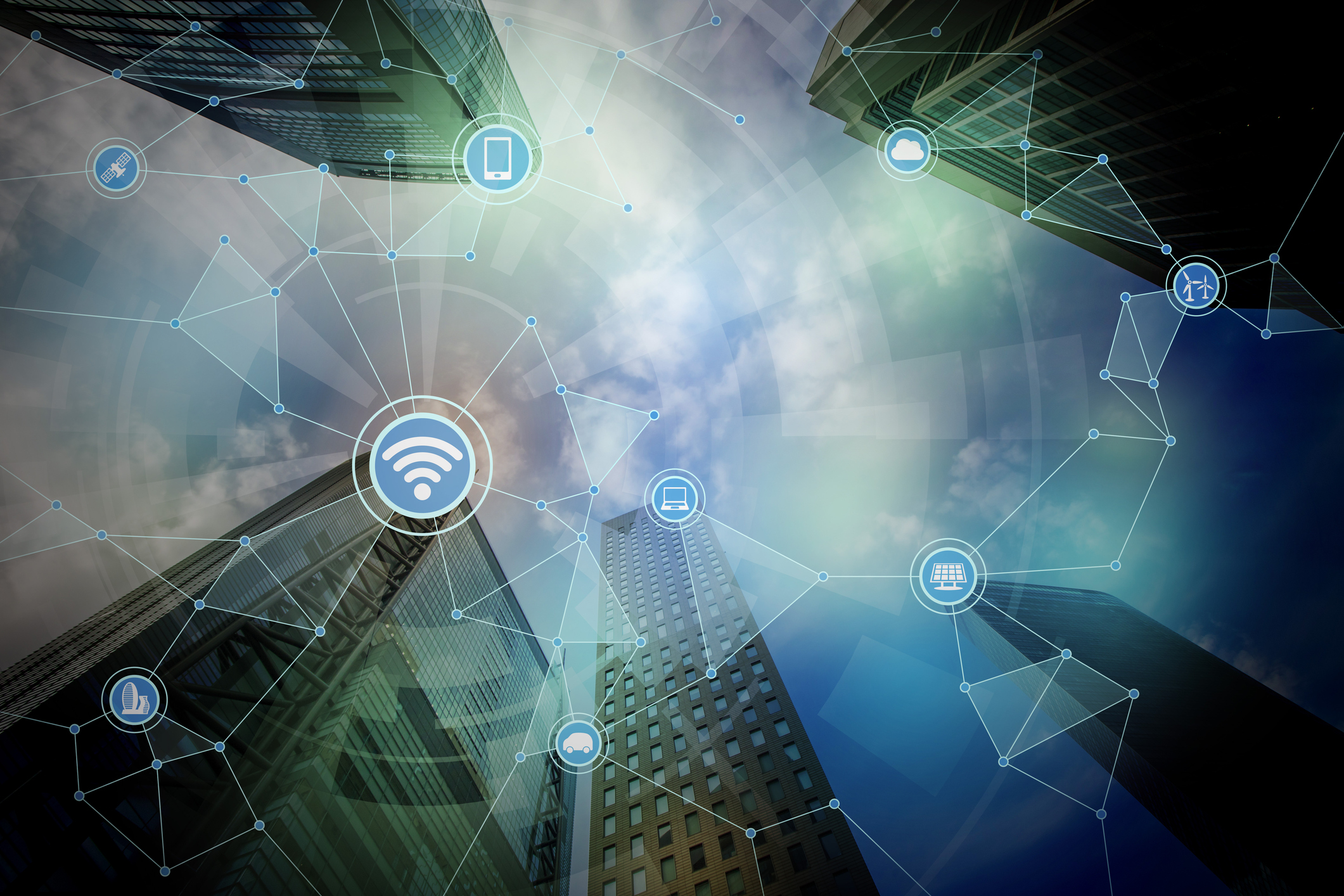 Skyscrapers and digital symbols for connection