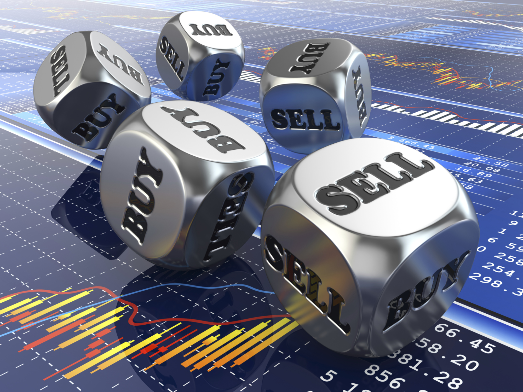 investing dice reading Buy and Sell Silver dice reading Buy and Sell tumbling across a digital image of stock charts.