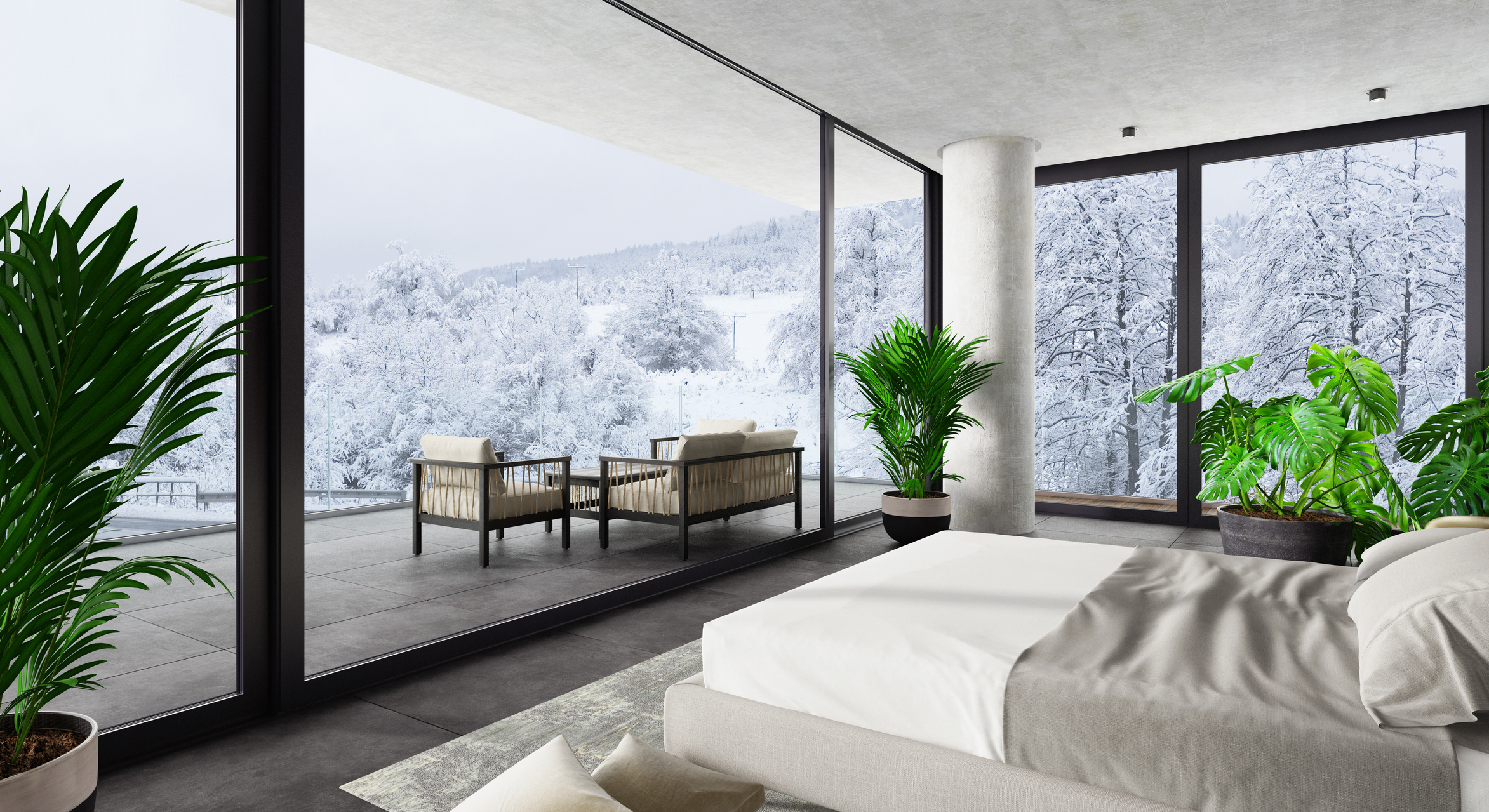 Luxury bedroom with glass windows overlooking snowy mountain.jpg