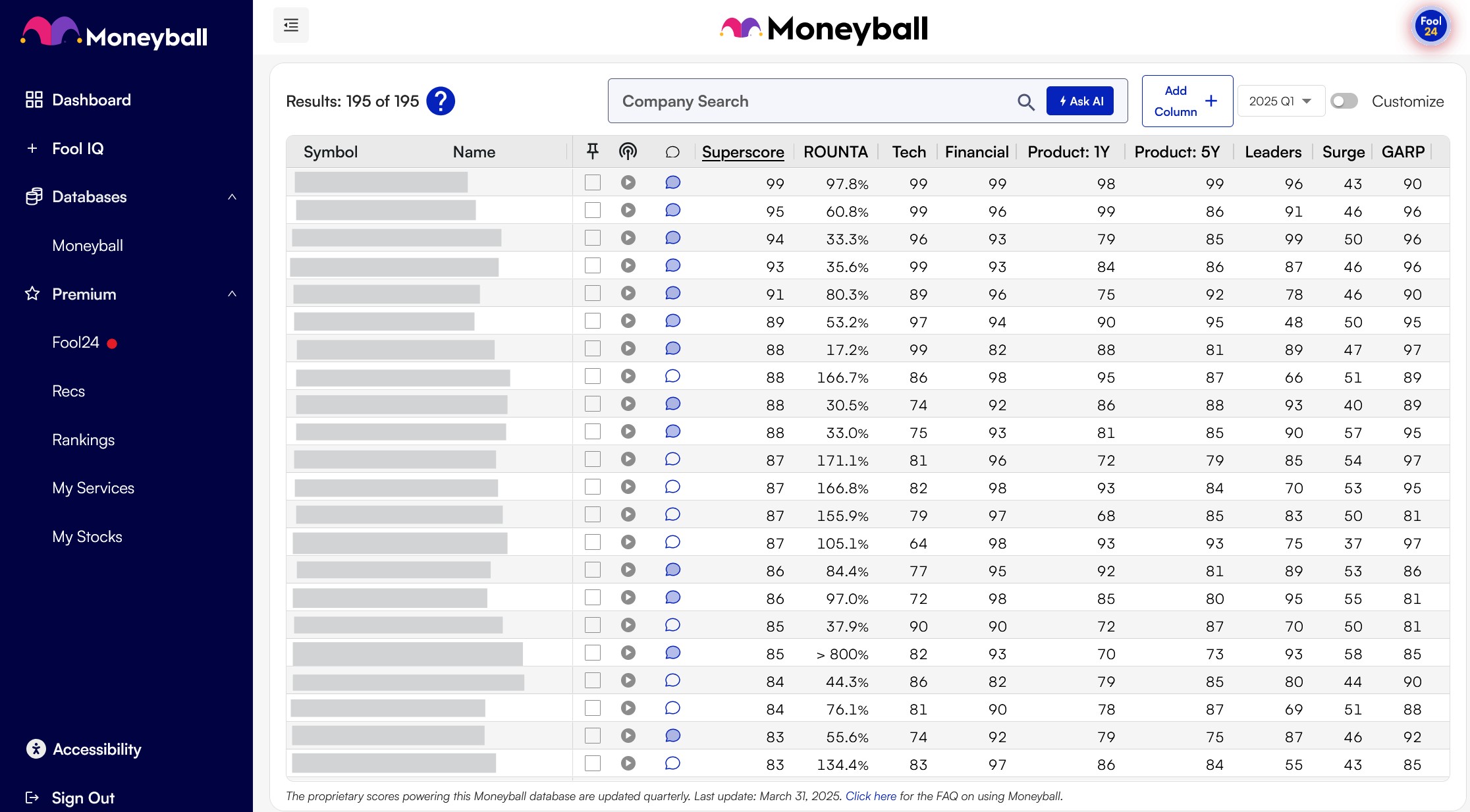 Moneyball Screen Shot Motley Fool Services with the Moneyball Database