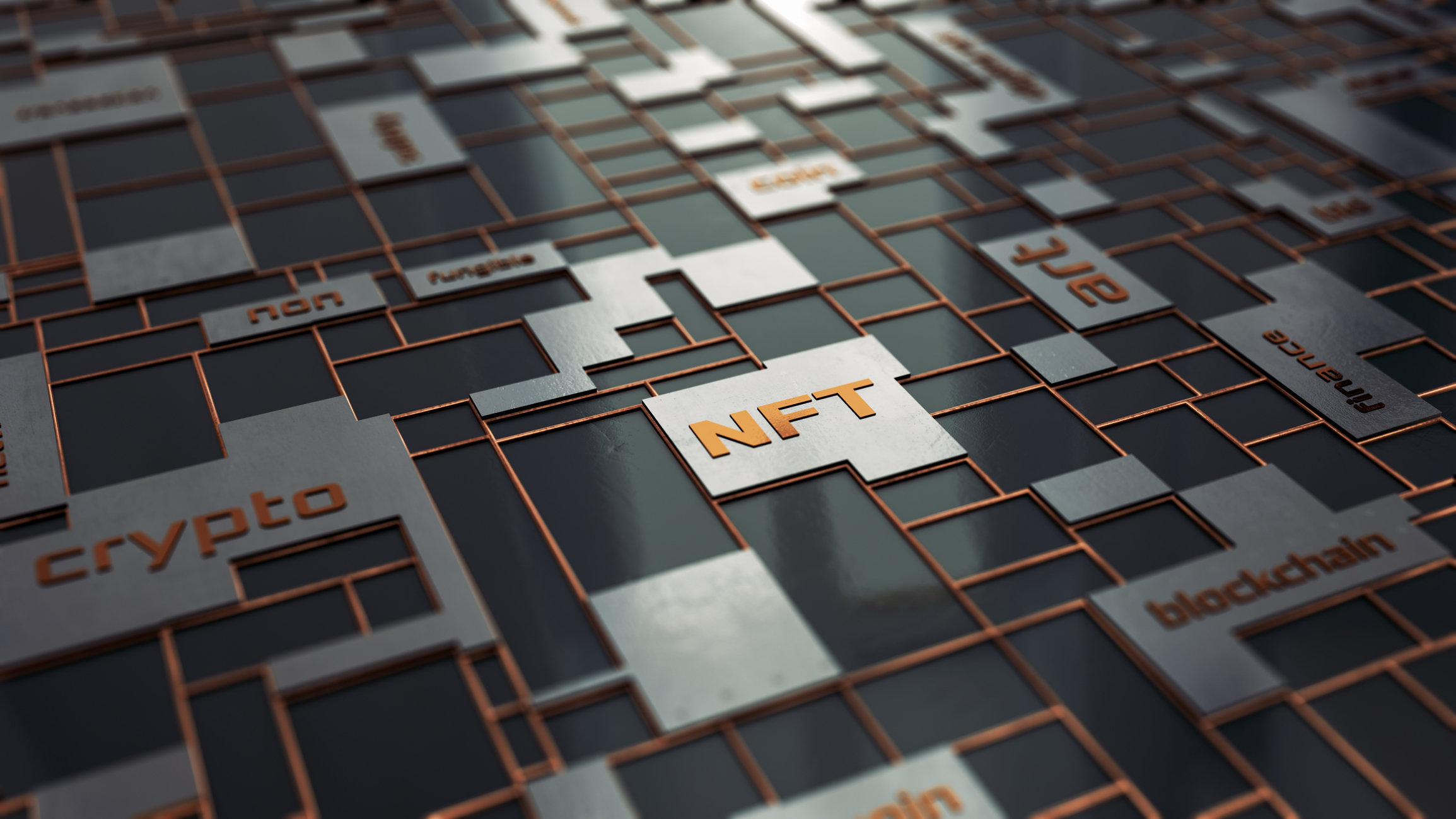 NFT_grid_image abstract grid with word cloud, concept of NFT, non fungible token and crypto art (3d render)