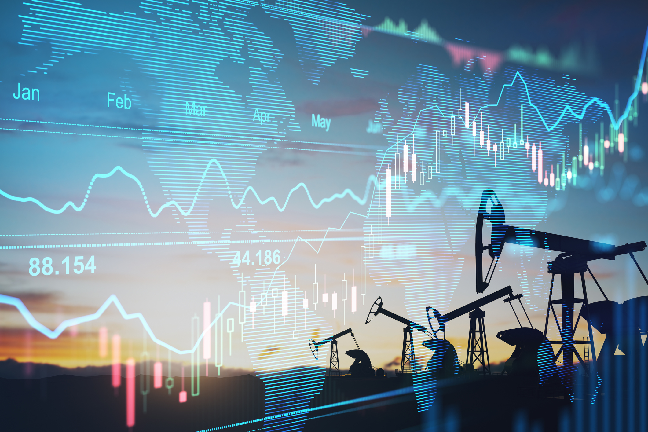 Oil pumps with a price chart in the background. Oil pumps with a price chart in the background.