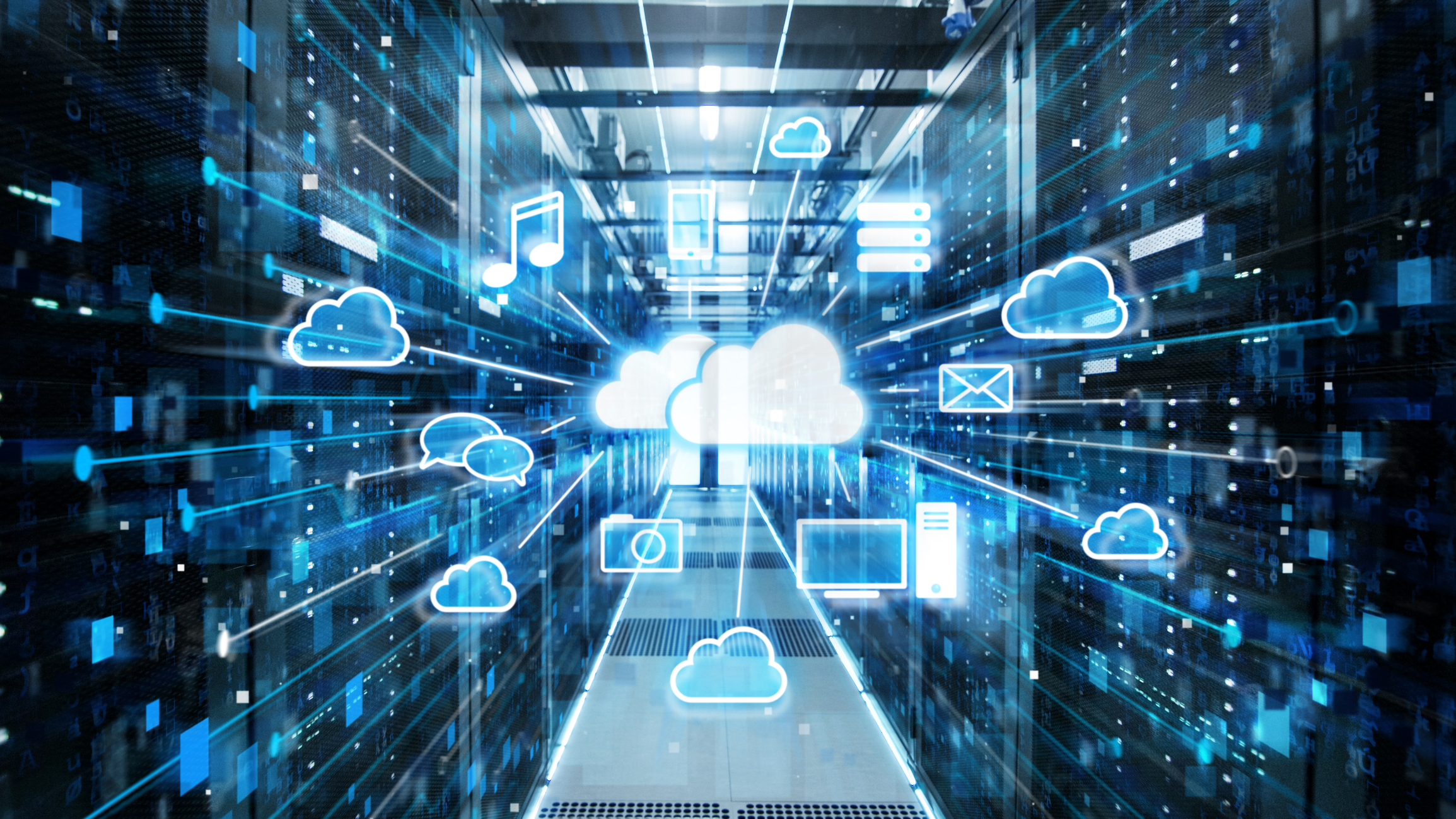 A bunch of virtual clouds in a server room indicating cloud computing. A bunch of virtual clouds in a server room indicating cloud computing.
