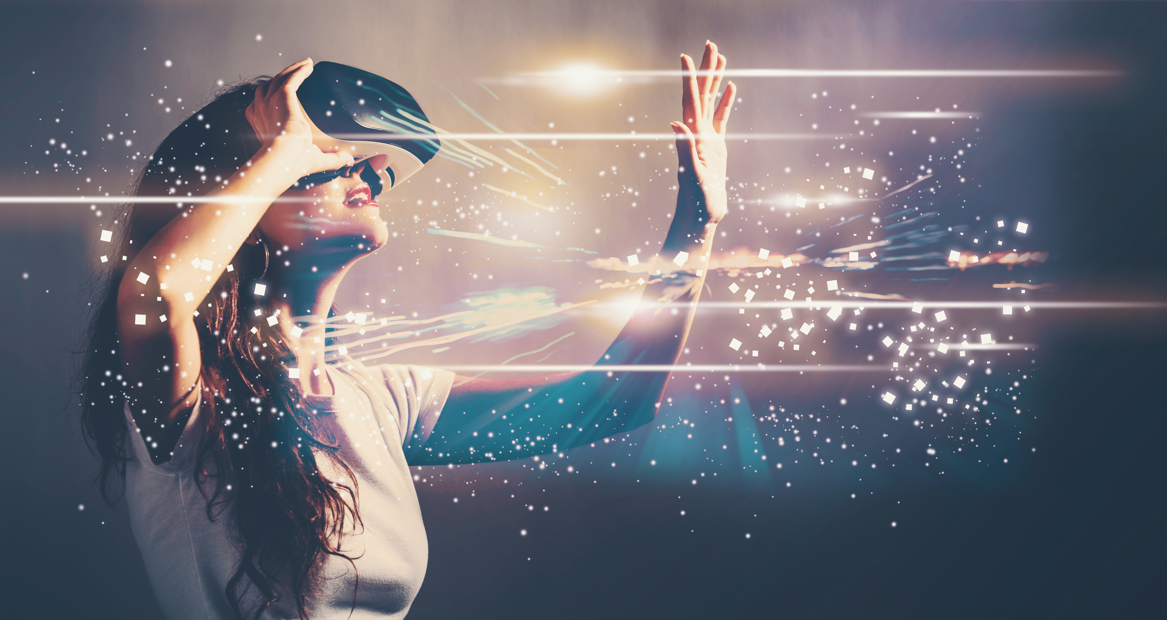 Person using a virtual reality headset device. Person using a virtual reality headset device.