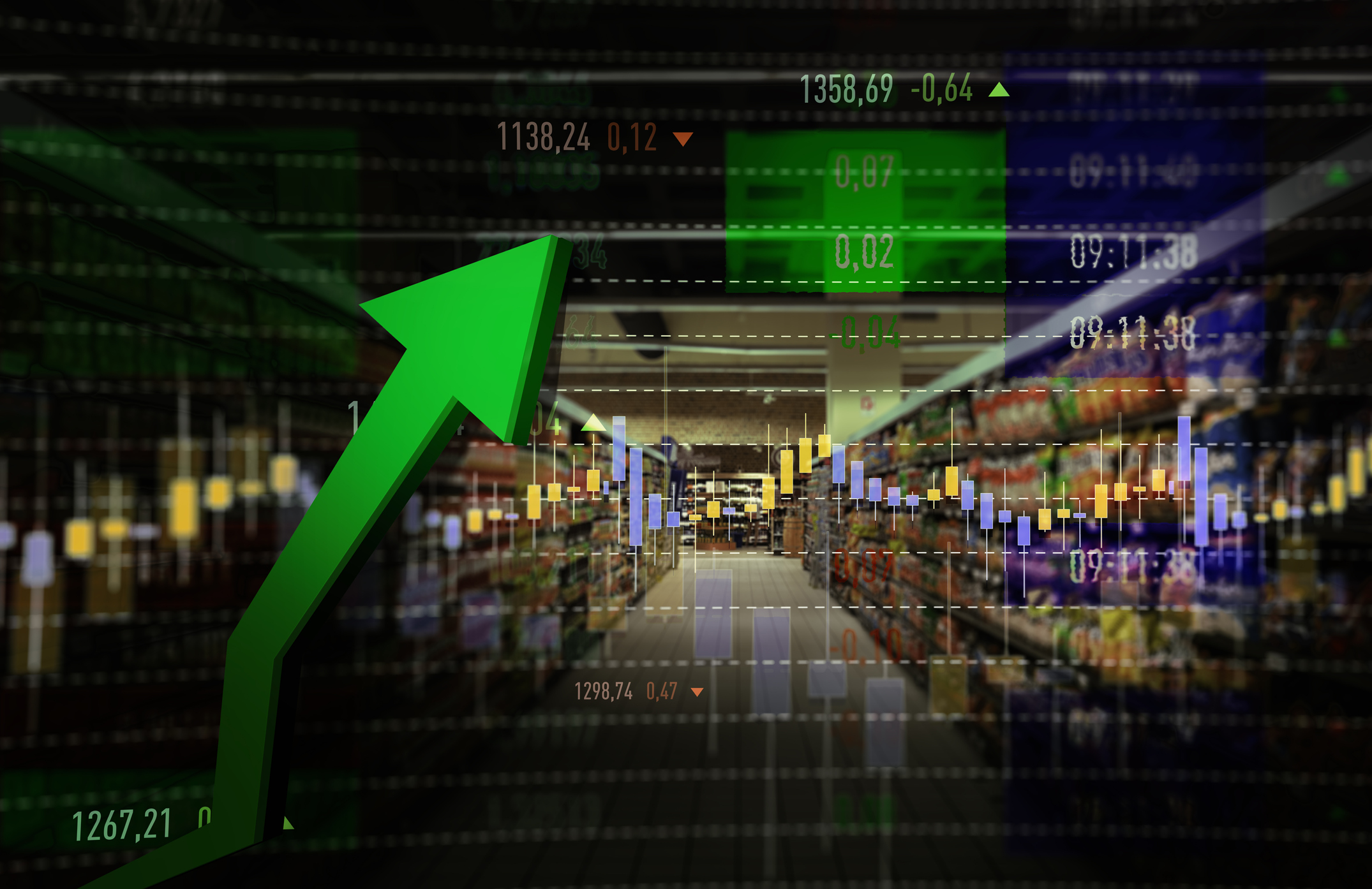 Retail, Grocery Store Stocks .jpg Grocery store aisle with a stock chart superimposed over it.