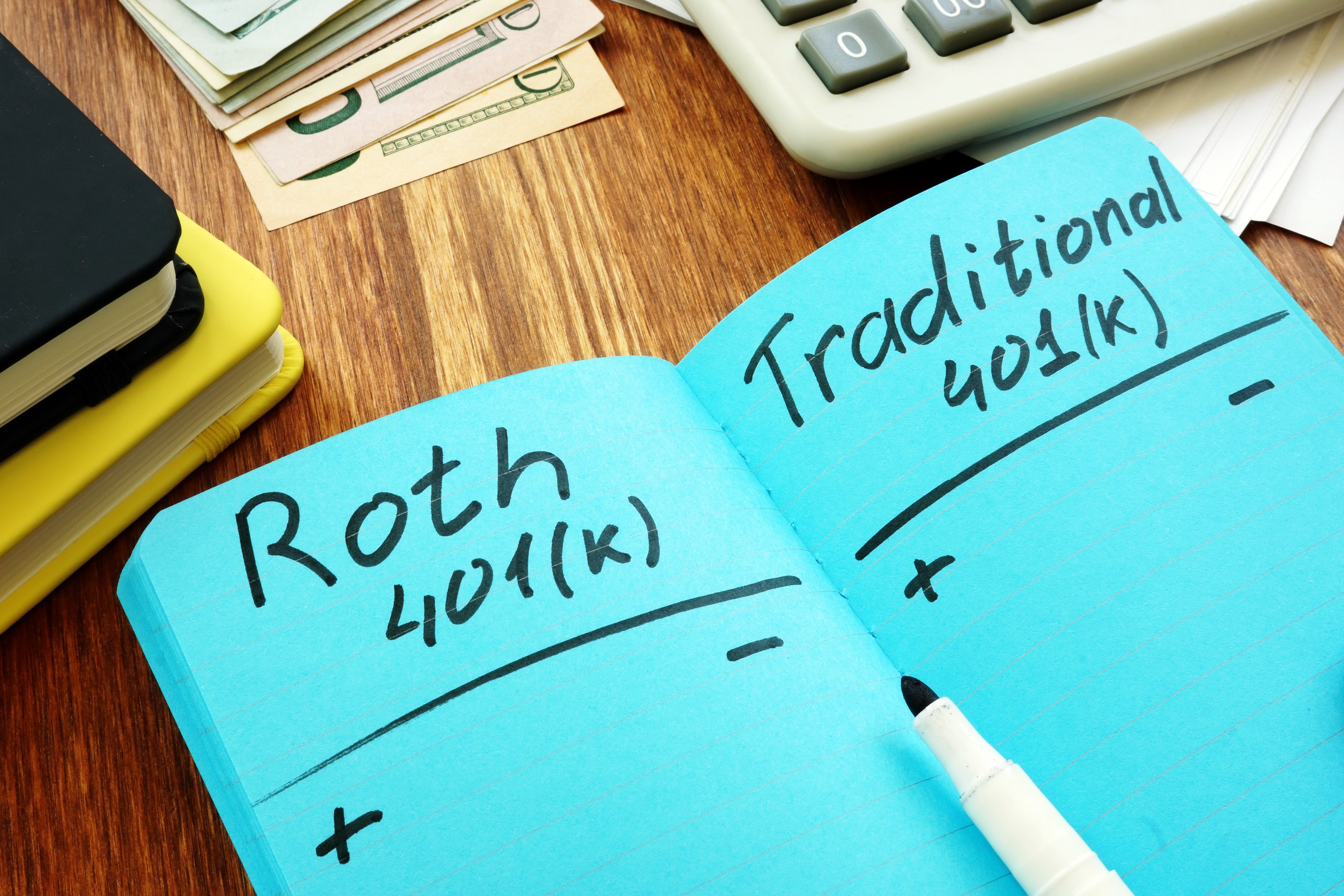 Notebook open to Roth 401k and Traditional 401k on facing pages Notebook open to Roth 401k and Traditional 401k on facing pages.