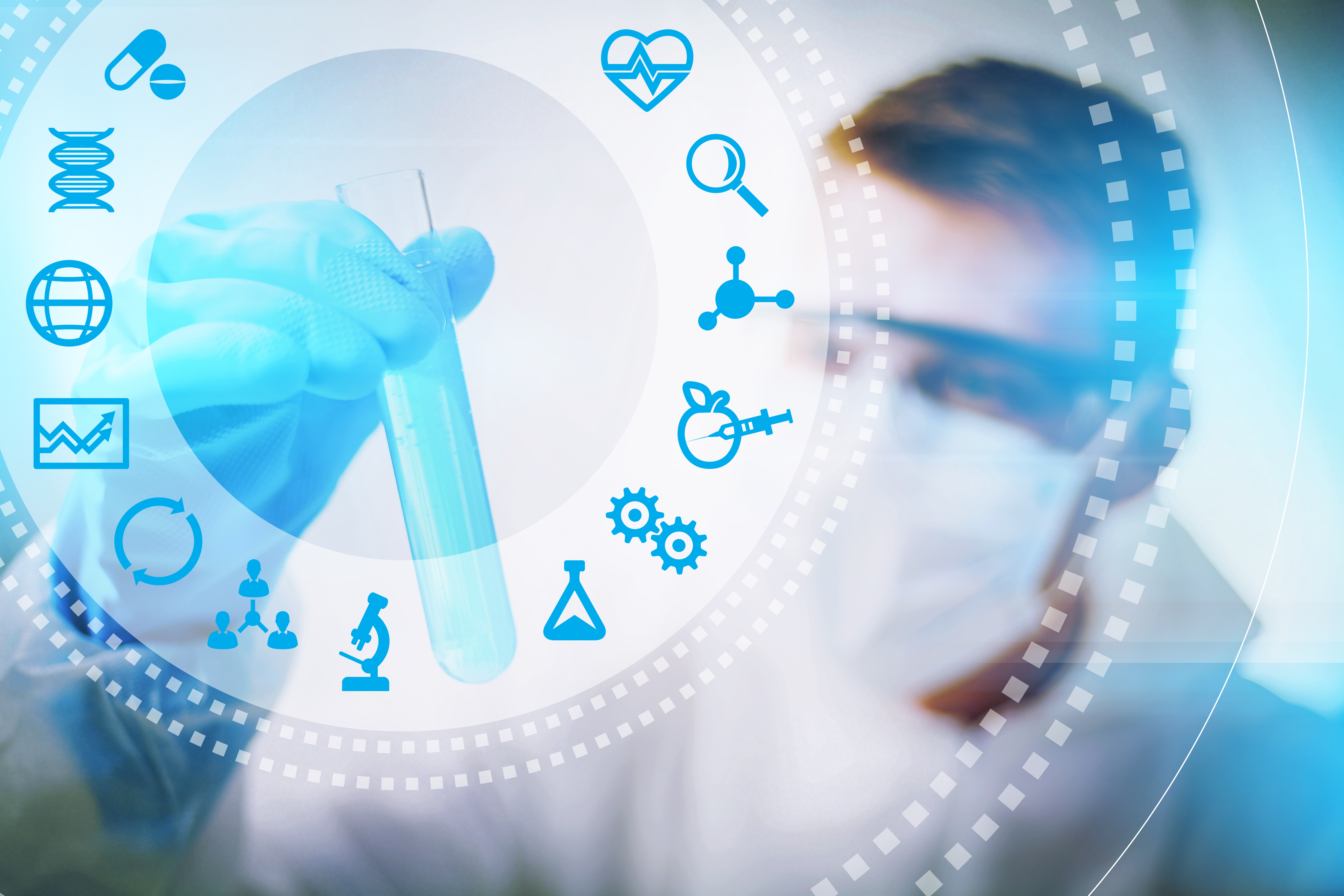 Scientist holding test tube with biotech icons Scientist holding test tube with biotech icons.