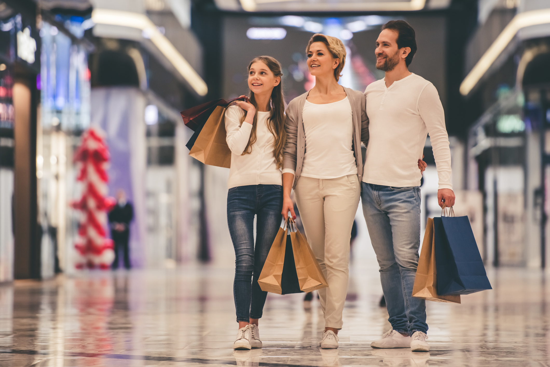 A family shopping at a mall.