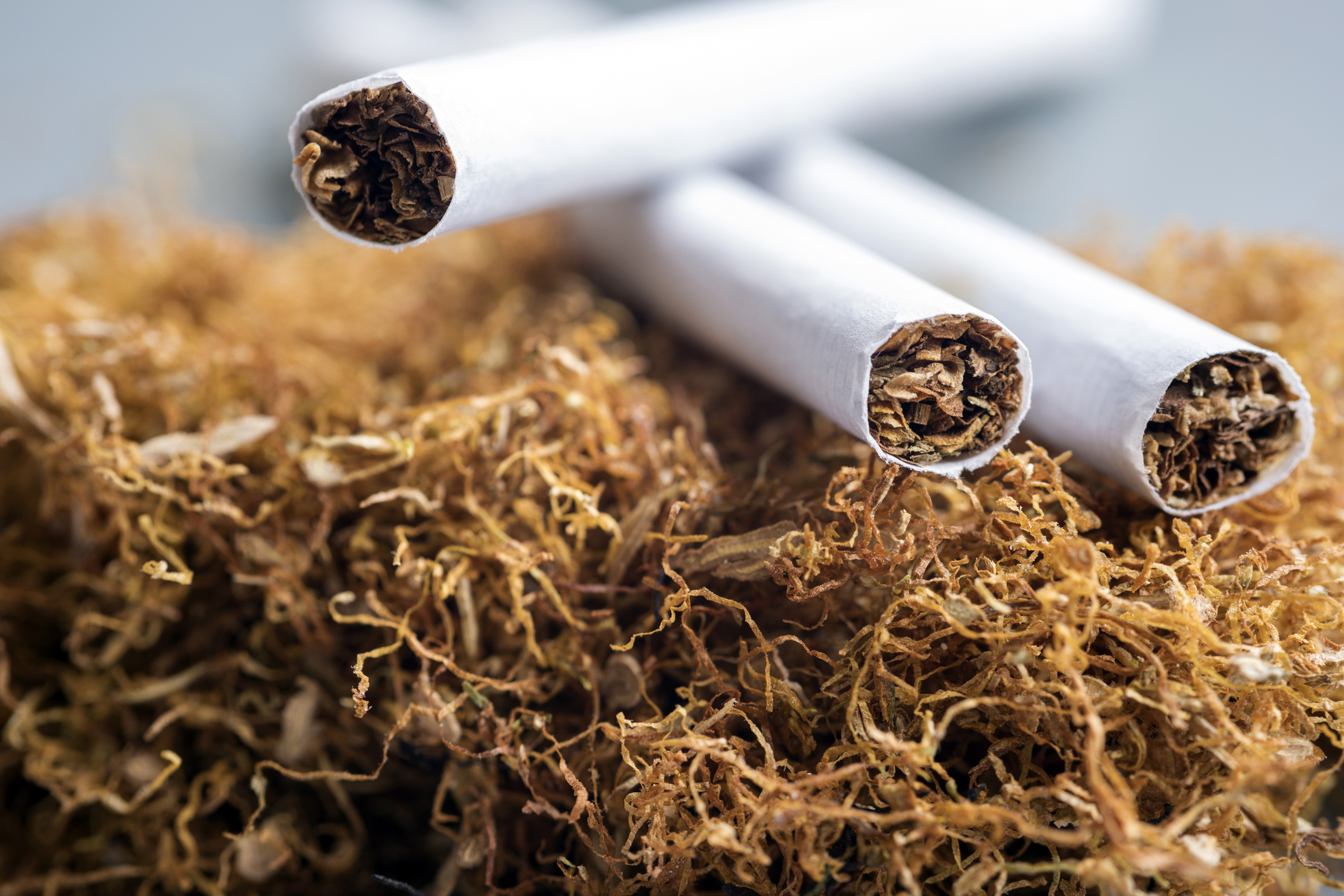 Cigarettes on top of loose tobacco. Cigarettes on top of loose tobacco.