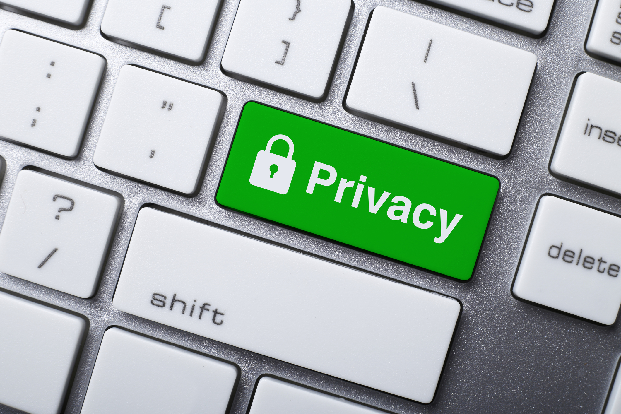 A green Privacy button on a keyboard. A green Privacy button on a keyboard.