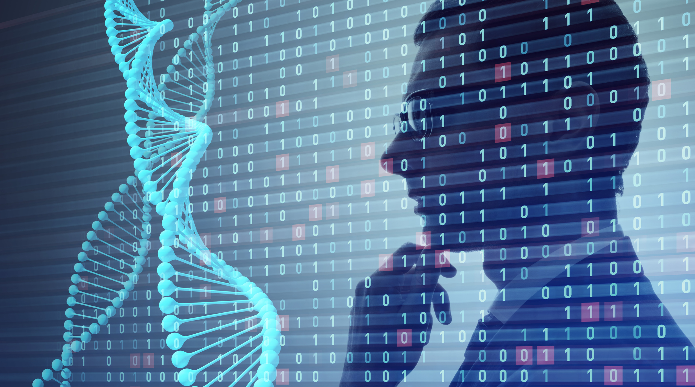 Shadow of man inspecting double helix strands. Shadow of man inspecting double helix strands.