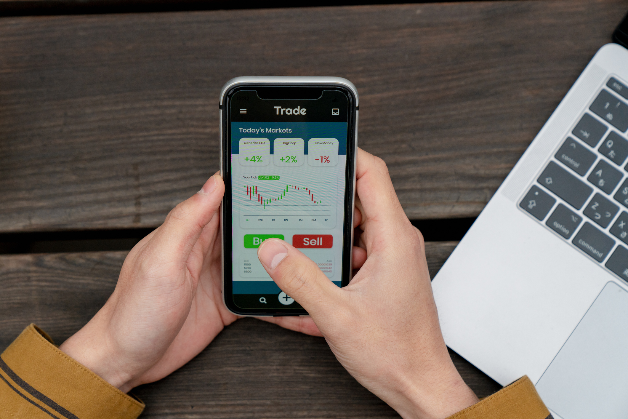 Person using mobile trading app to buy and sell stocks Person using mobile trading app to buy and sell stocks.