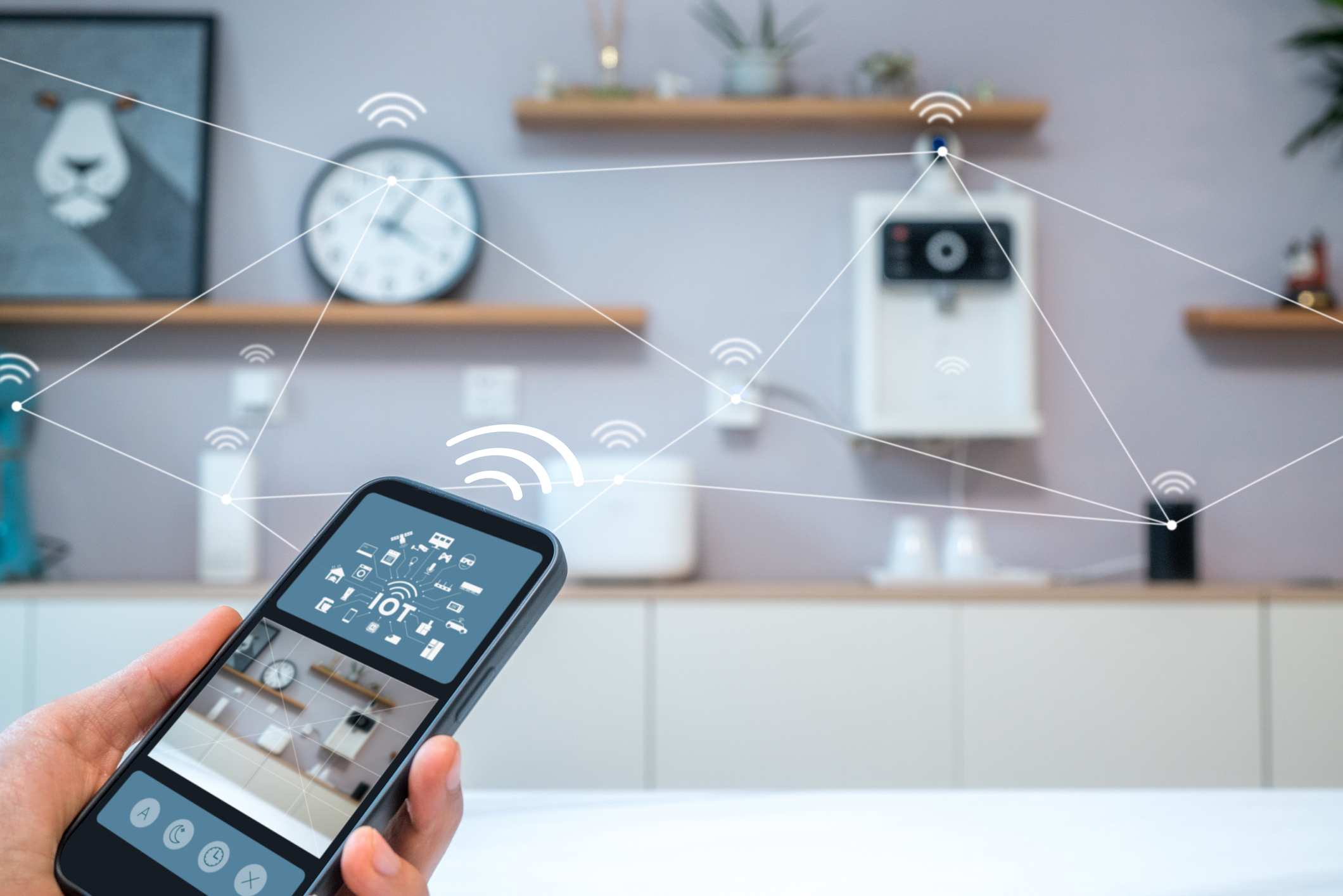 Smart home. A smart phone is used to operate devices on the Internet of Things.