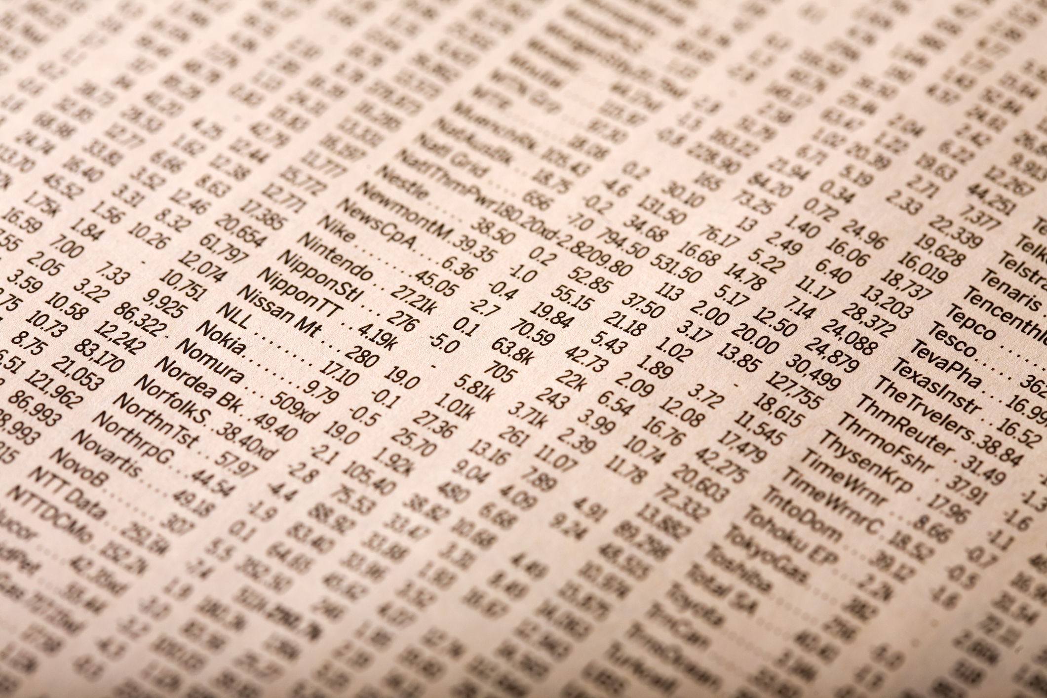 Stock quotes in newspaper A close-up of stock quotes in the newspaper.