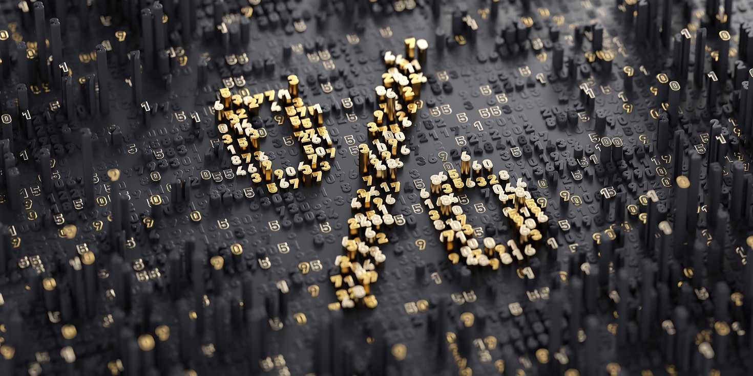 Percentage sign made up of gold particles on a black background.