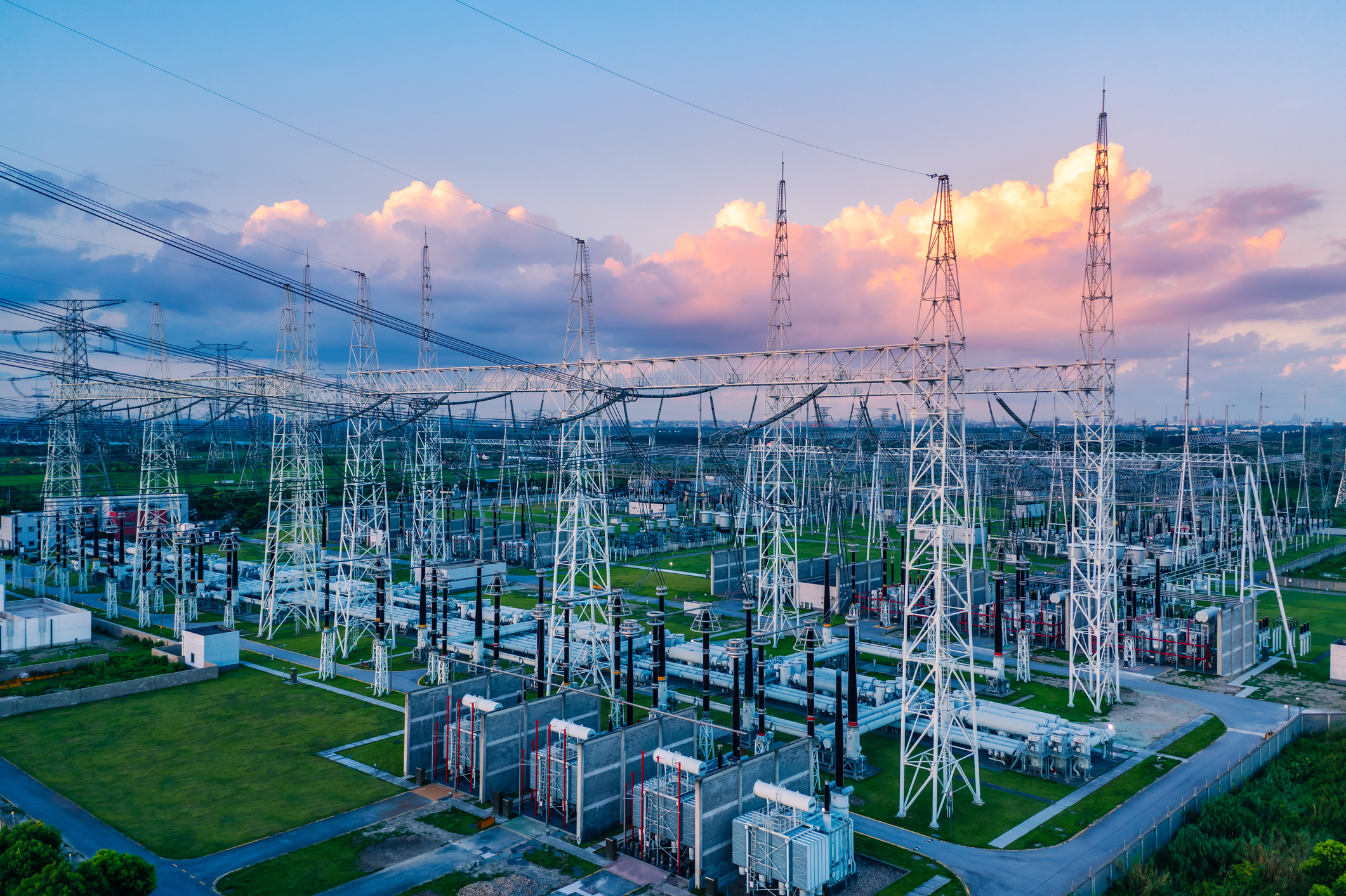 a big electric substation An aerial shot of a large electric substation.