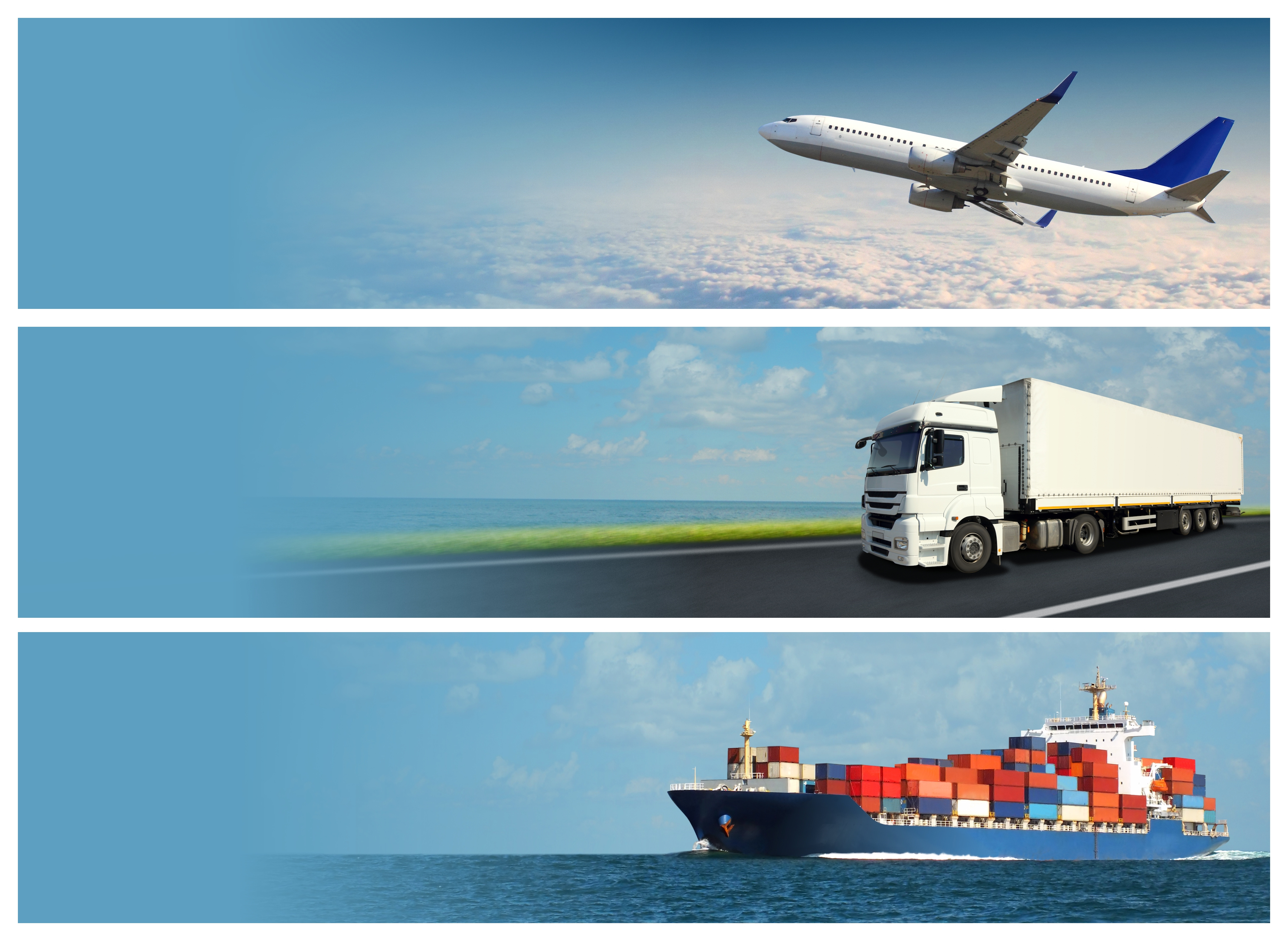air ship and truck freight Three photos: a jetliner, a freight ship, and a tractor-trailer.