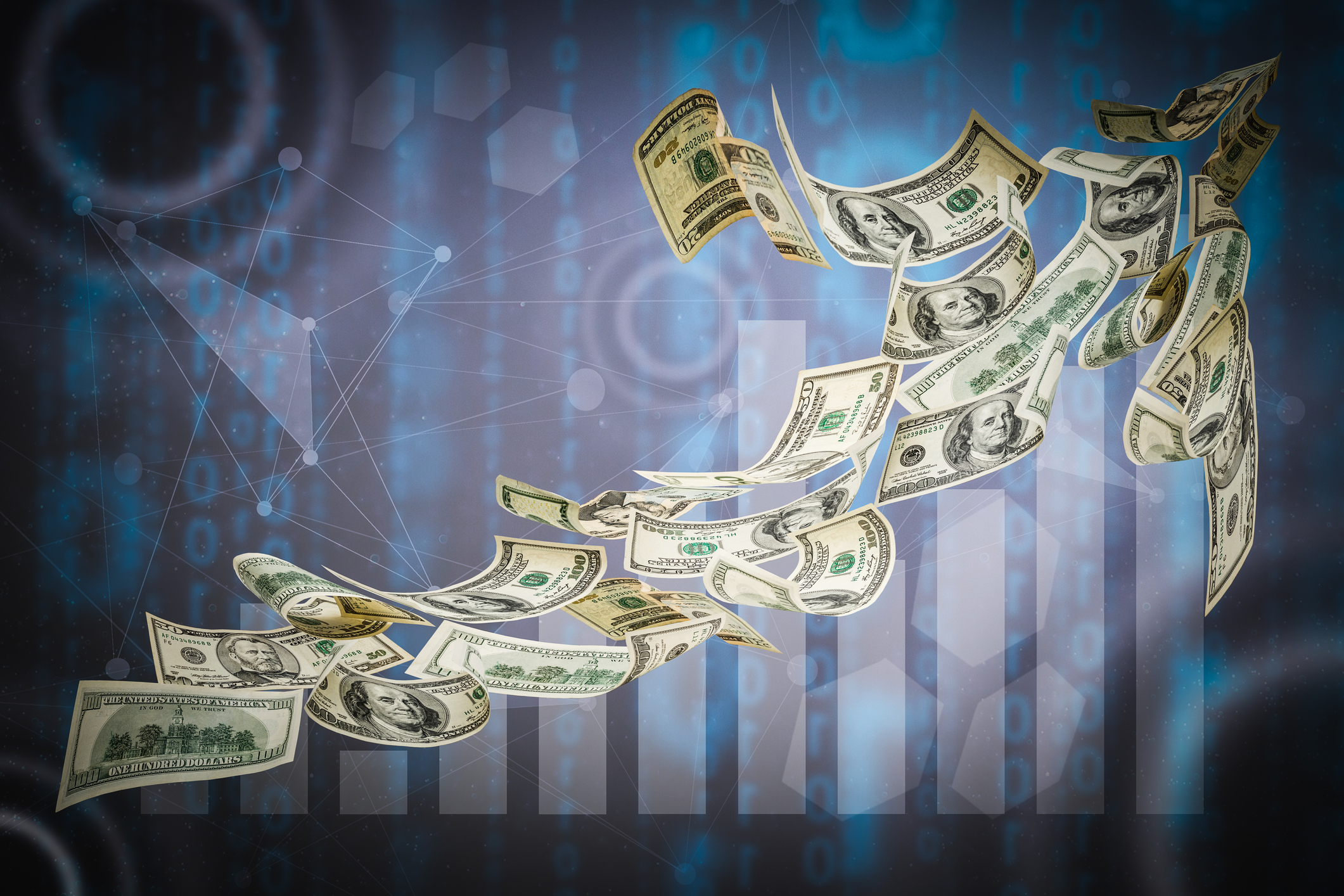 economic growth An arrow made of dollars is pointing up.
