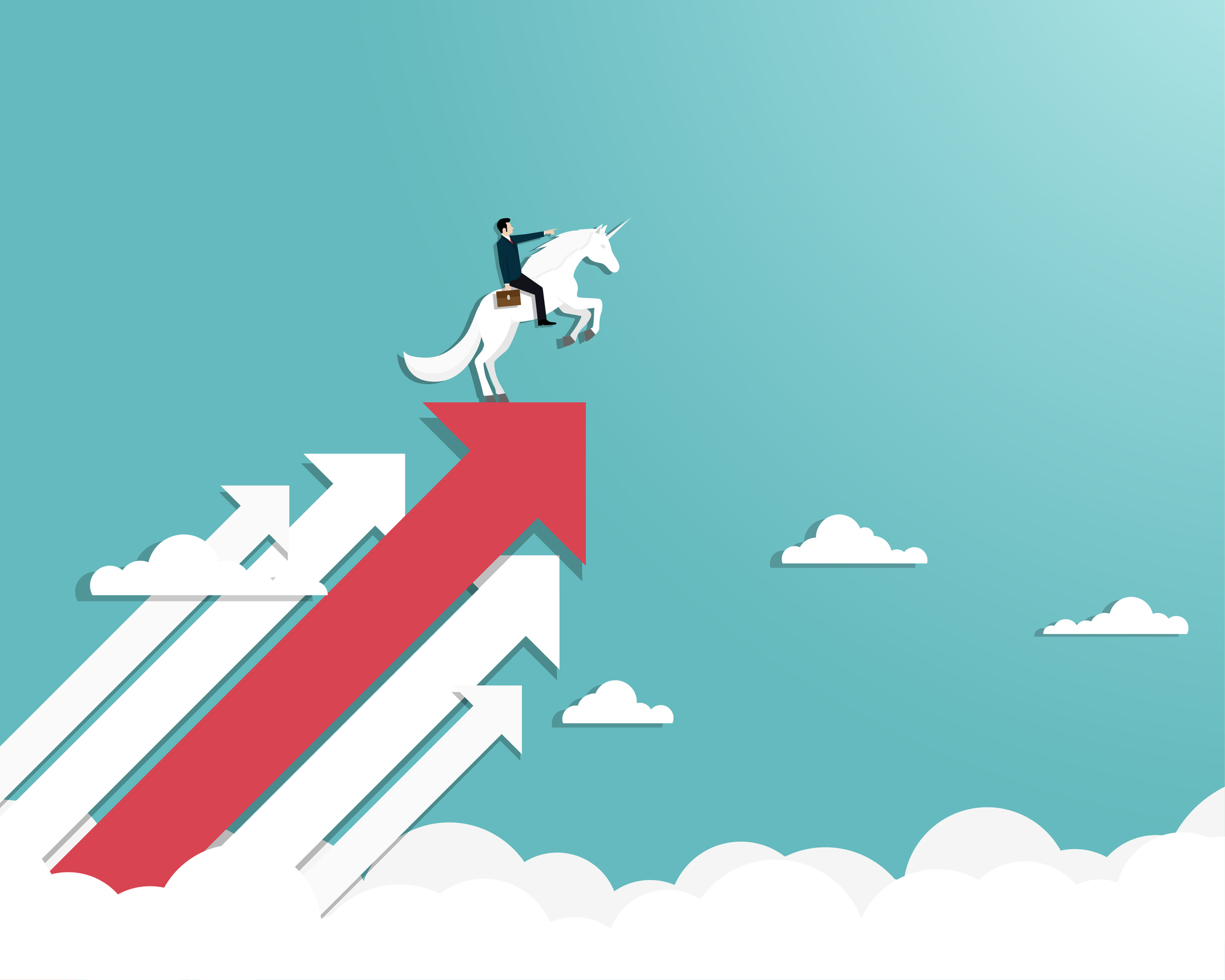 cartoon-businessperson-rides-unicorn-on-arrows Cartoon businessperson wearing a black suit and clutching a briefcase while riding a white unicorn standing on upward-pointing white and red arrows.